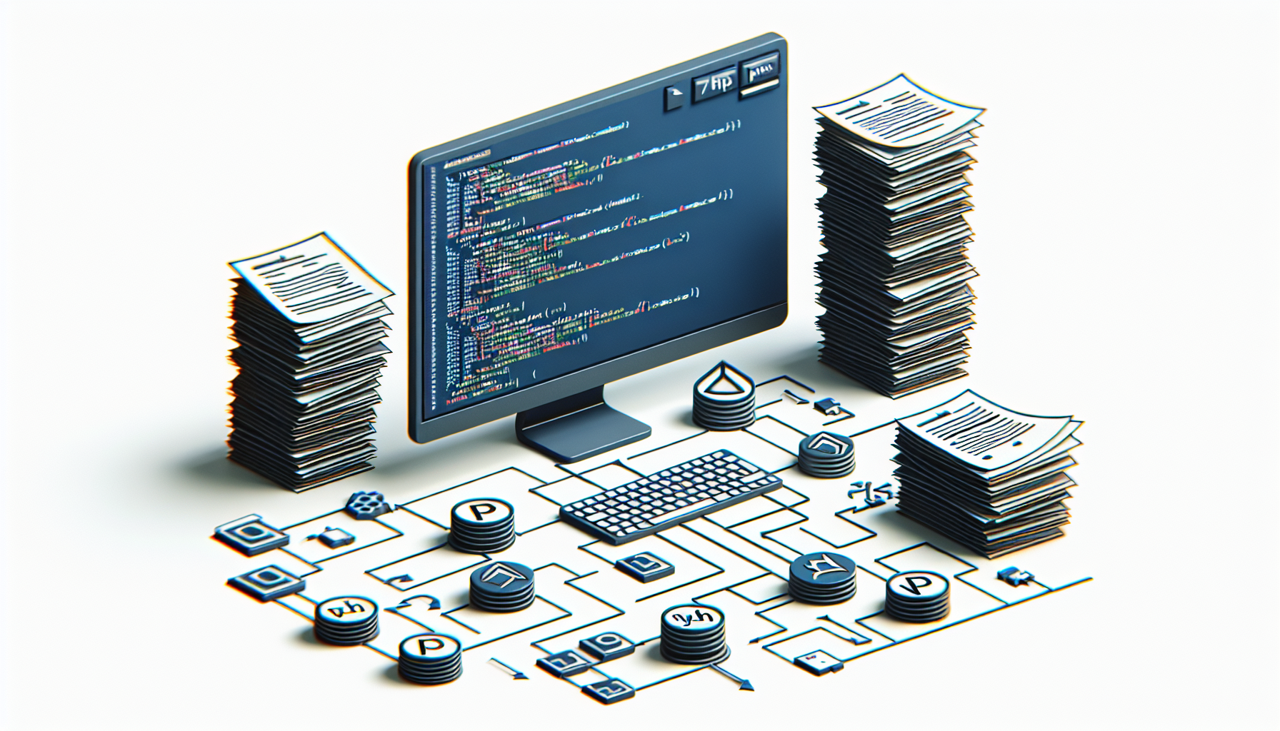 Visual representation of the concept of managing databases with PHP: An image of a computer screen displaying some PHP code, which are visible as generic, anonymized symbols and shapes to symbolize computer programming, but with no readable text or identifiable brand names visible. Beside the screen lay a graphical representation of a database depicted as interconnected nodes or piles of papers. All the elements are connected with abstract lines or arrows to symbolize the process of managing databases. There are no human figures or animals in this image.