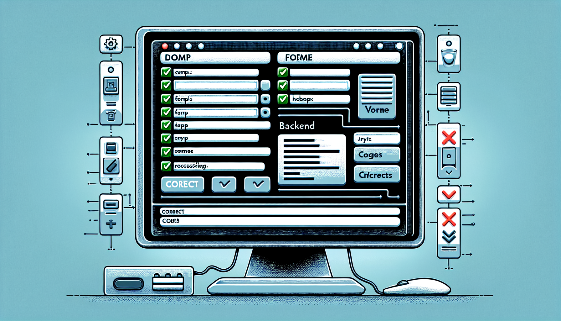 A detailed representation of a computer monitor displaying a simplistic webpage interface designed with PHP. Highlight the dynamic form fields, a checkbox, a dropdown menu and an input field. The form is in the process of validation, indicating with green checks for correct entries and red crosses for incorrect ones. Also, hint at backend scripting without using words or brand logos, perhaps by showing some blurred codes in the background or a broken chain symbolizing processing. Generate it with the condition of excluding people, text, brand names or logos.