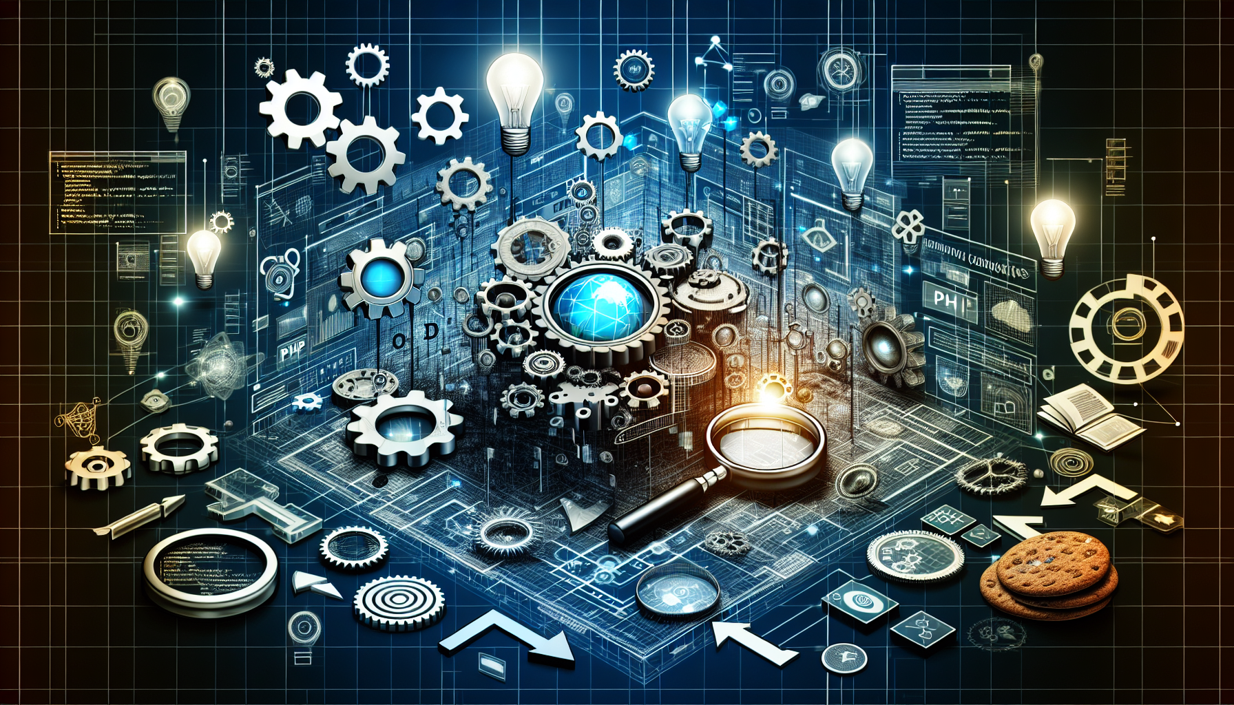 An abstract graphical depictions of PHP coding. Visualize a website under construction with conceptual elements - gears, light bulbs, arrows, magnifying glasses, and more, all denoting various stages of the web development process. Also picture digital cookies, represented as real-life cookies, scattered across the digital blueprint of the website, signifying the implementation of PHP cookies. The entire scene should have a cybernetic, modern look without including any text, people, brand names or logos.