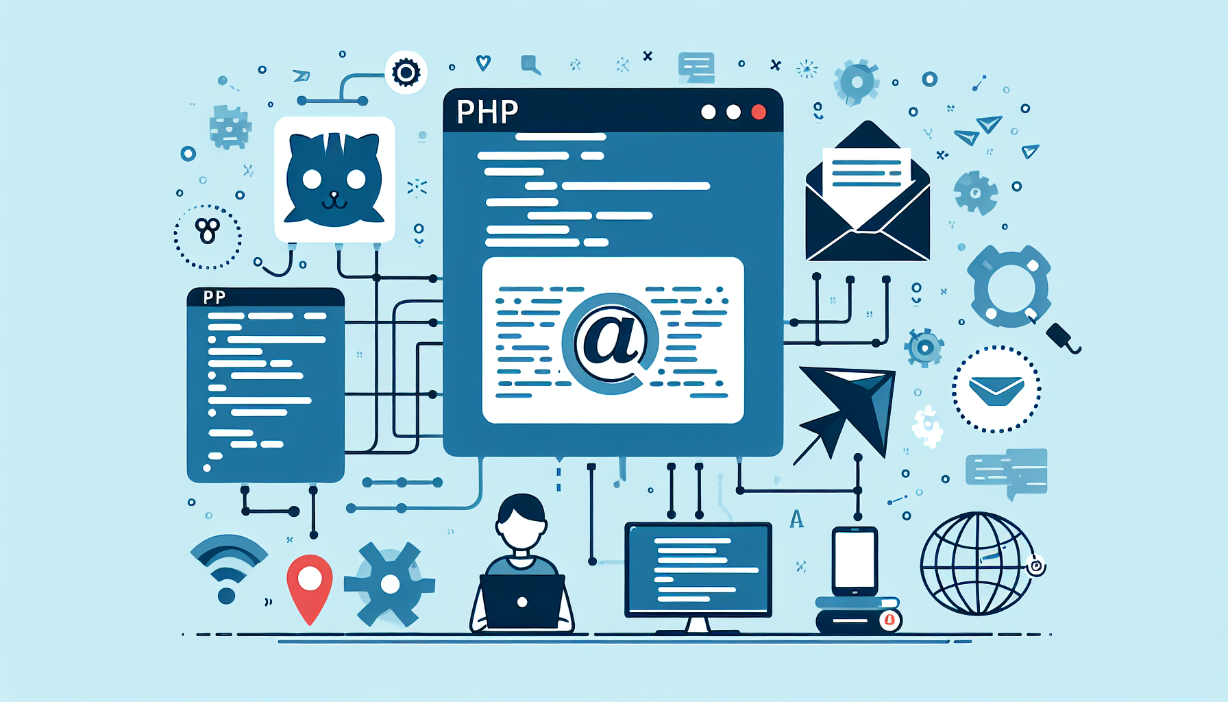 An image representing the concept of using PHP for email sending, suitable for a beginner's guide. The illustration should include symbolic representations of PHP coding, email envelopes, and simple digital connections. All elements must be free of text and contain no people, brand names or logos.