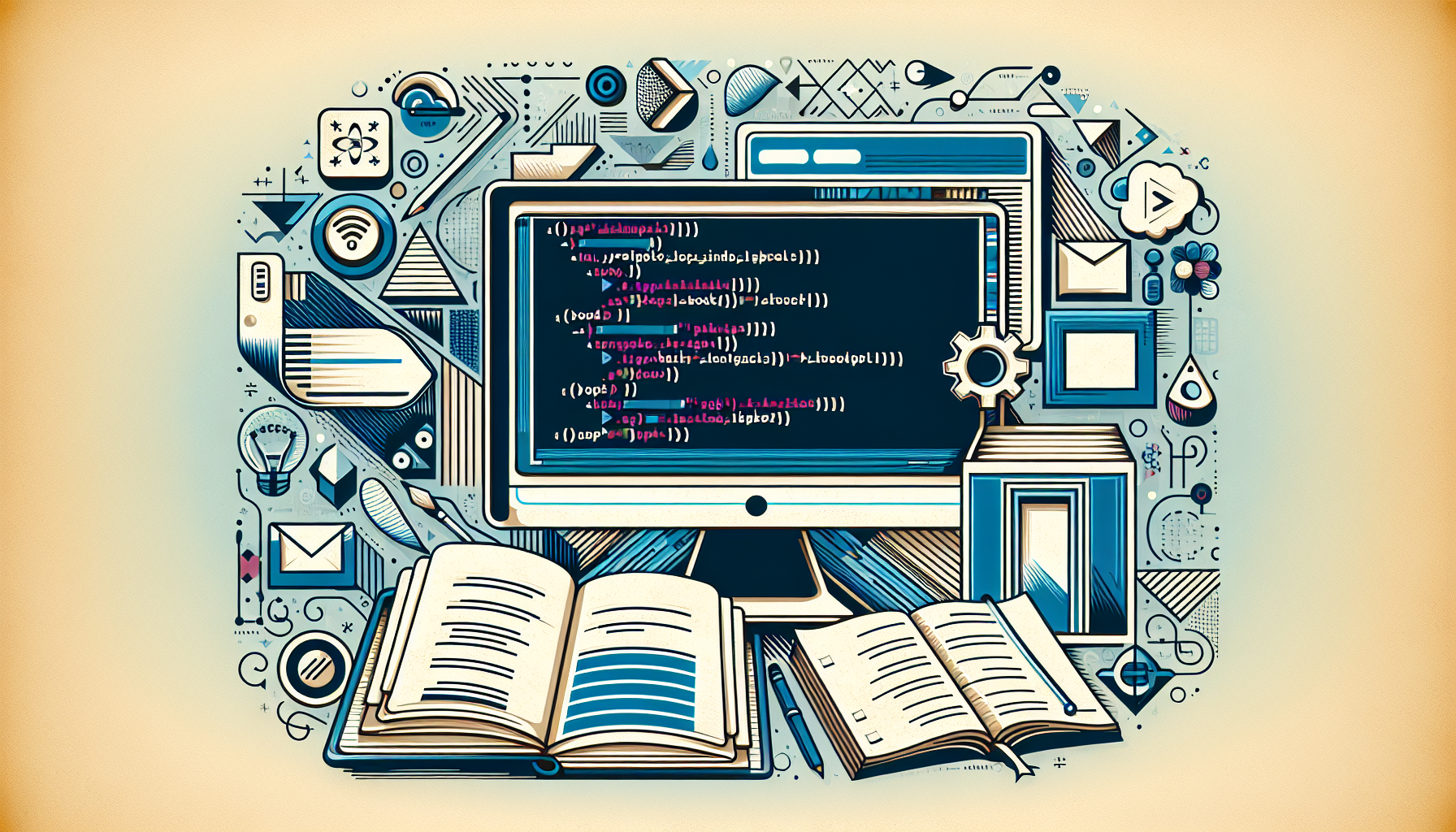 An image illustrating the concept of PHP Command Line Interface (CLI) for beginners. The image should include a computer terminal screen displaying code lines, devoid of any text or brand names. Adjacent to the computer terminal, there can be a textbook and a note pad, both clear of any type of text. Surrounding elements can include abstract design elements that symbolize a learning environment. This image should not contain any figures or people.