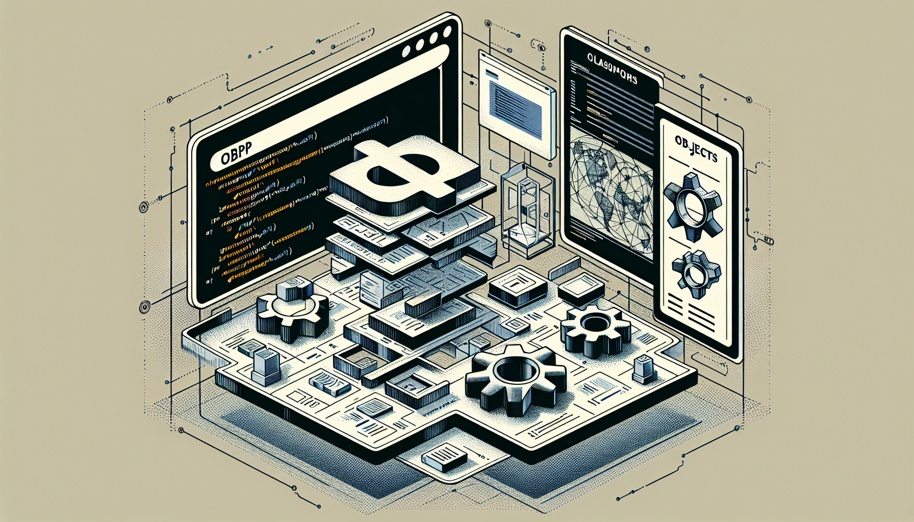 An abstract representation of object-oriented programming concepts in PHP without any text or people. Display an image of a PHP tag, next to it visualize classes by depicting a blueprint or design sketch, and nearby represent objects as three-dimensional structures formed from the blueprint. Also, embody the concept of OOP through symbols, such as interconnected gears, to indicate the interaction of various classes and objects. Make sure the image is devoid of any brand logos or identifiers.
