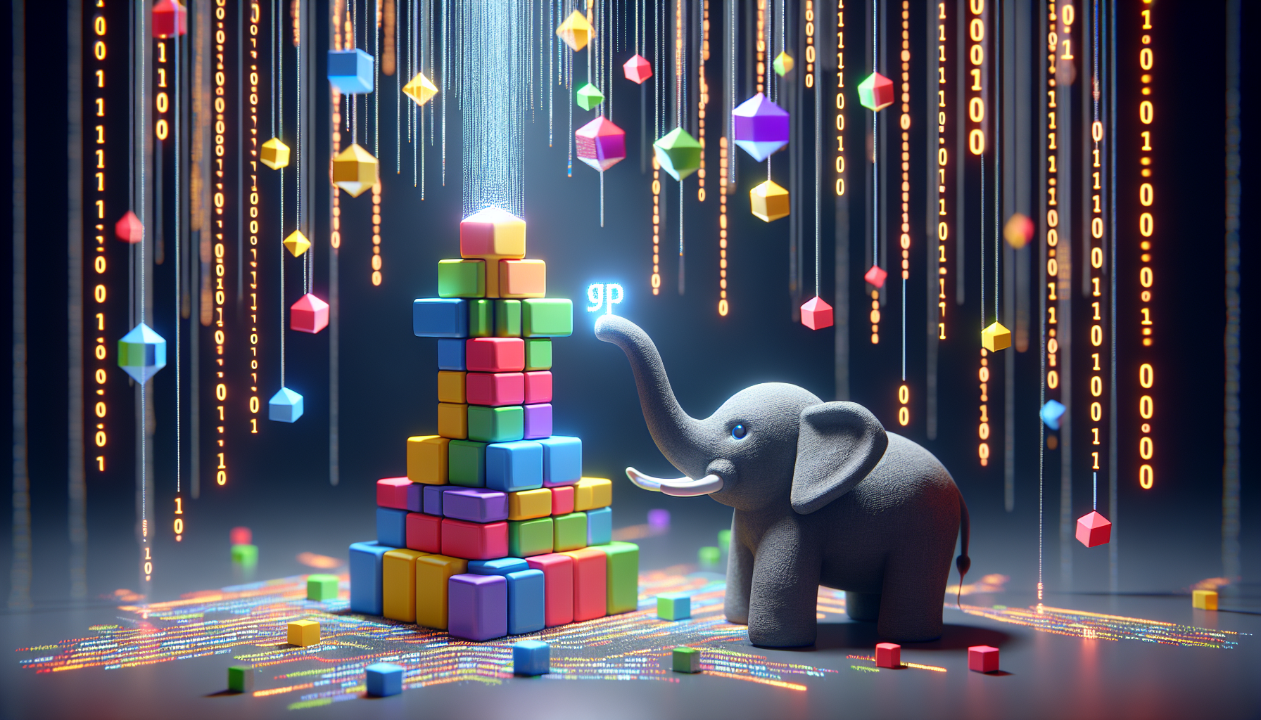 A visual interpretation of working with PHP and JSON data. The scene should depict a symbolic PHP elephant - a common mascot for the language - remotely manipulating a whimsical stack of multicolored, tessellating 3D rectangular prisms, each representing JSON data blocs. The elephant should be interacting with the JSON prisms via ethereal, light-made strings, symbolizing the coding process. There should be a binary code pattern gently raining in the background, accentuating the digital environment. Please avoid including any text, people, brand names, or logos in the scene.