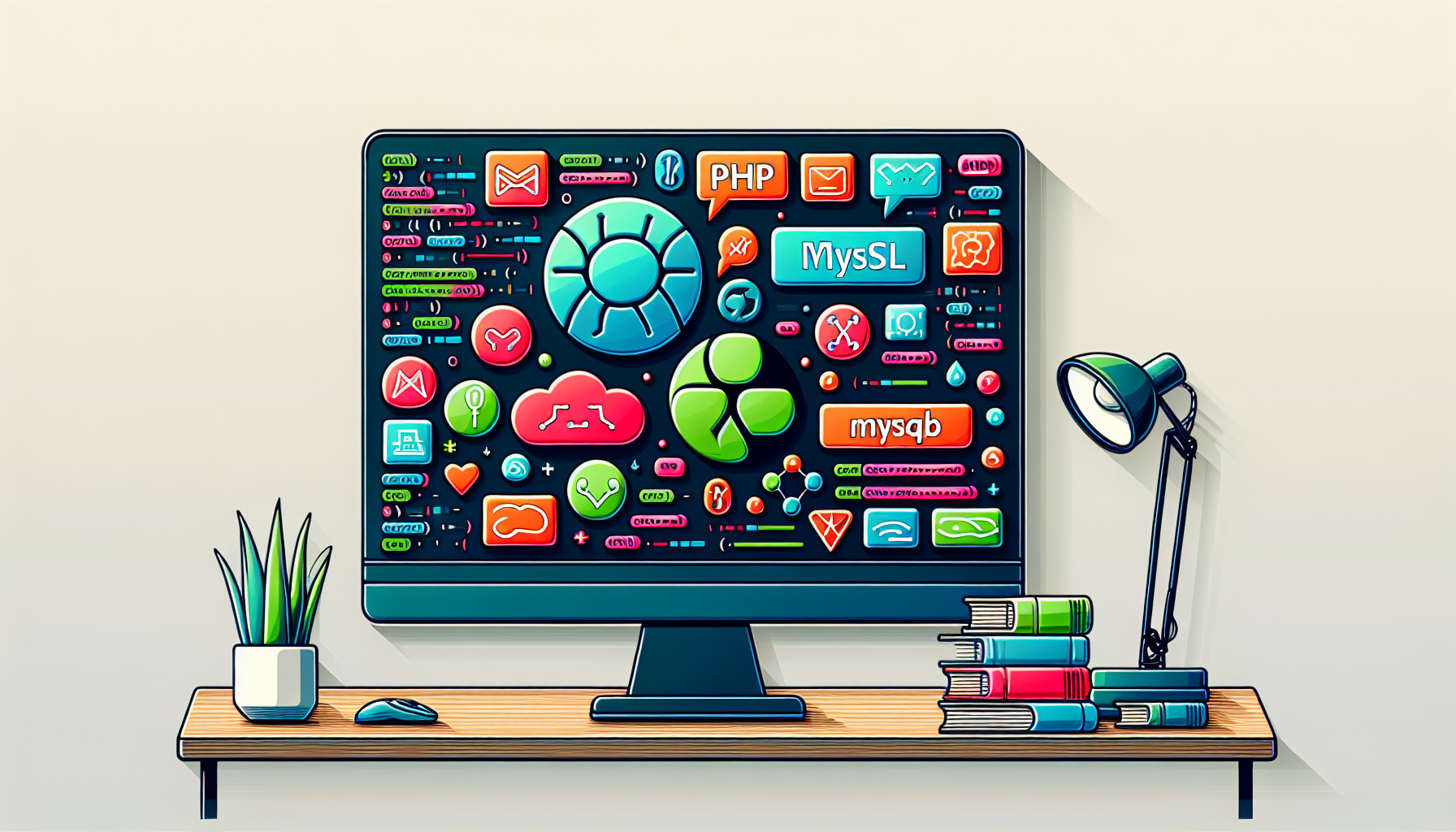 A detailed illustration of a computer screen on a minimalist wooden desk showcasing a vividly colored PHP logo, a mySQL logo and various relevant symbols floating above the screen. On the screen are lines of PHP and MySQL codes signifying CRUD operations. The logos and the symbols are not affiliated to any brands but rather illustrative simplifications. No people are present in the image and no text is visible on any items in the image.