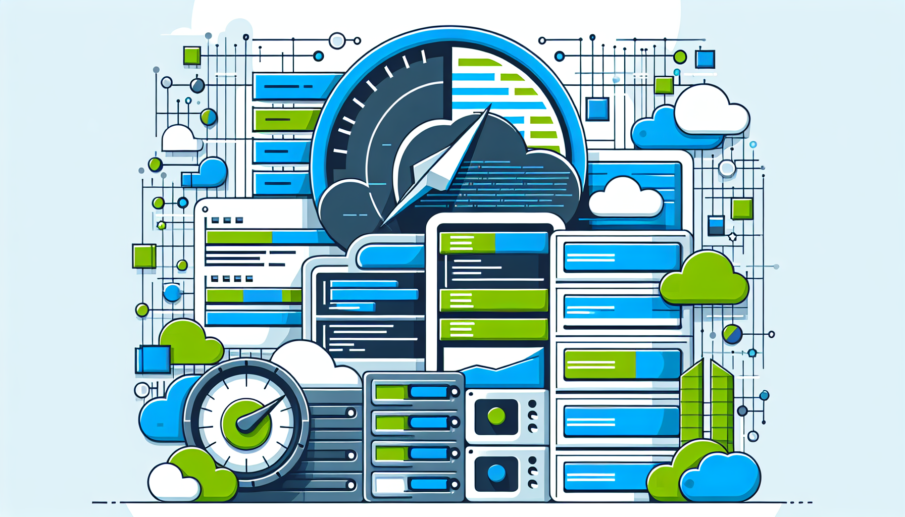 Design an abstract, symbol-stacked illustration representing PHP development and performance optimization without any people, text, brand names, or logos. Incorporate elements that reflect computer programming, such as coding brackets, server racks, and a speedometer to symbolize performance. Use a color scheme that communicates an optimal and efficient environment, predominantly shades of blue and green. Use modern, clean lines and geometric shapes for a professional look.