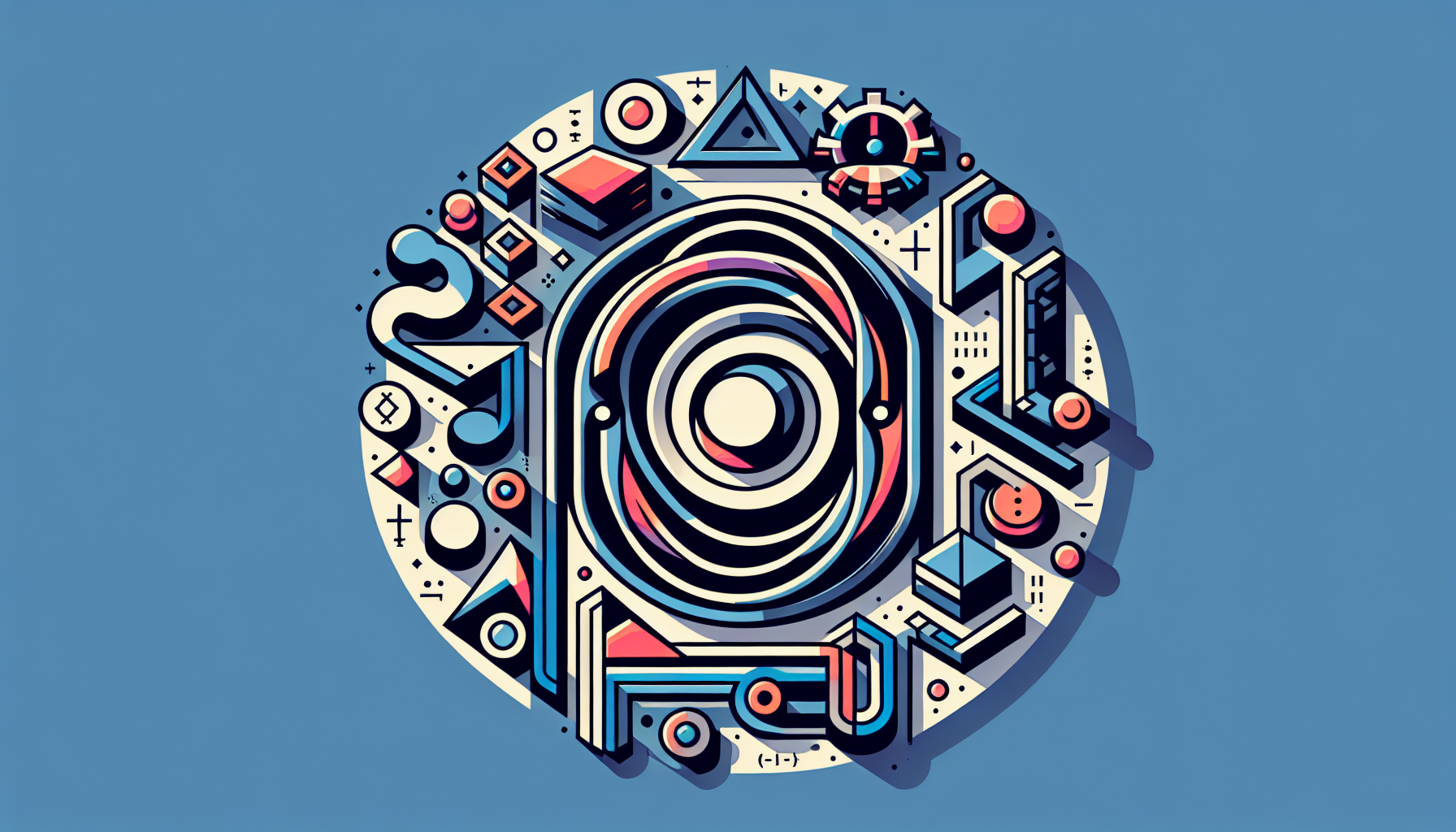 Generate an image symbolizing the concept of PHP Foreach Loops and Array Iteration. The visual should incorporate an array of abstract objects suggesting a sequence, and a looping mechanism to indicate iteration. The array objects could be represented as varied geometric shapes. The looping mechanism could be manifest as a recurring symbol or design that meshes seamlessly with the entire visual composition. Make sure the elements and graphics are generic in nature, ensuring no reference to any human figures, brand names or text.