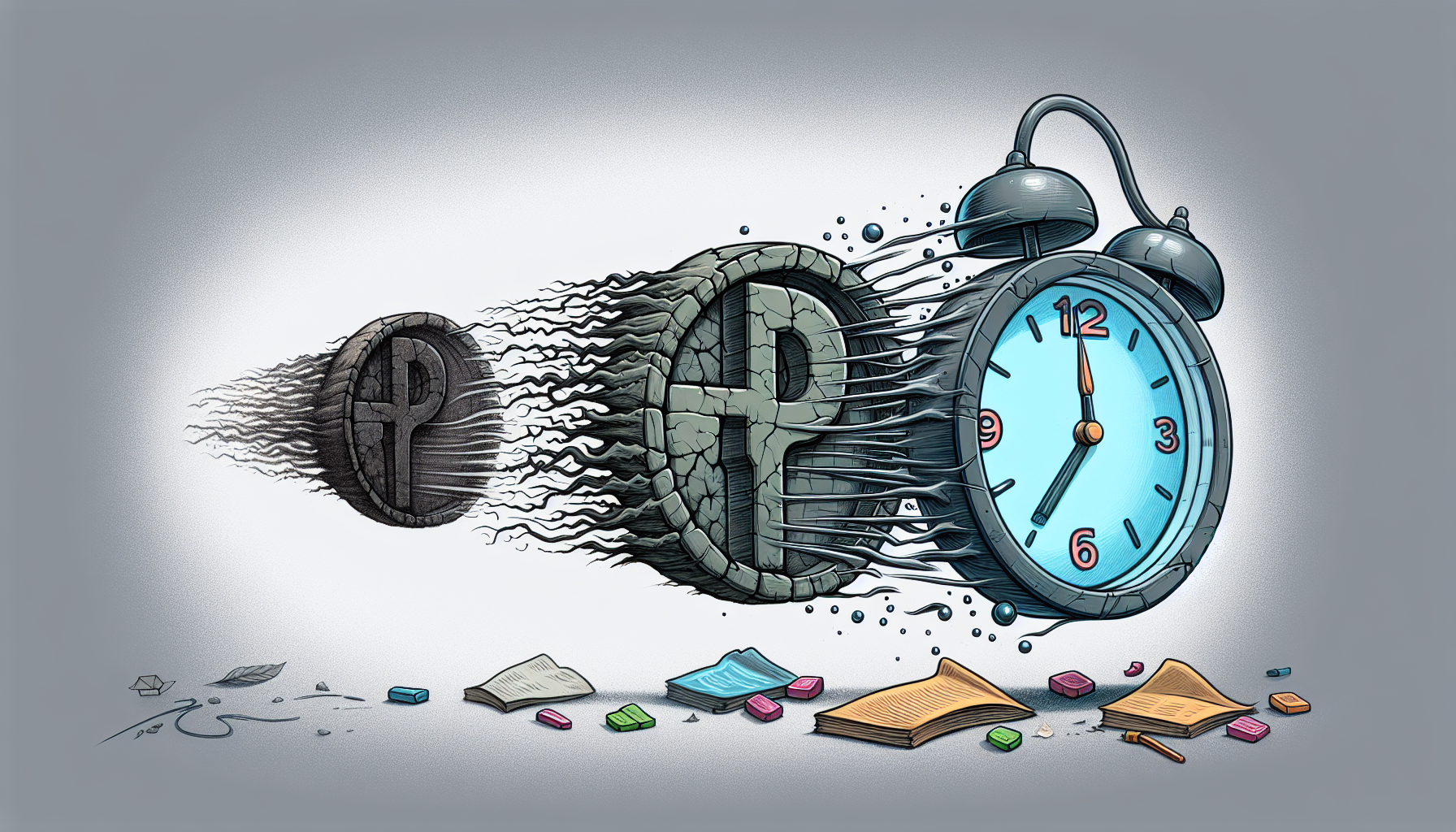 Draw a detailed image symbolizing the need for technological progress. A dark, dusty and slower version of the PHP logo, with cracks and cobwebs, it should be replaced by a bright, gleaming, and faster version of the same logo. Show idea of speed and improvement through a transition from the aged logo to a newer one, with streams of data being transformed into a more efficient format. An old clock morphing into a new digital clock to symbolize upgrading time. Please remember not to use any text.