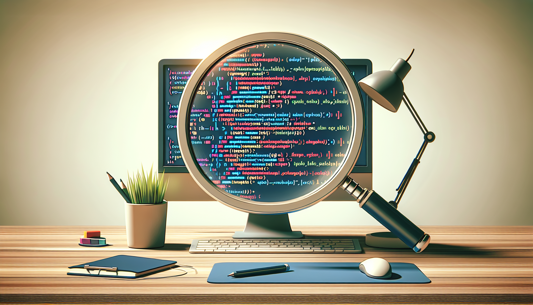 A visualization representative of optimized PHP code has a minimalist design concept. Image of a magnifying glass hovering over an abstract representation of streamlined code on a computer screen. The bright colors on the screen display blocks of non-branded, non-textual symbols reminiscent of coding syntax. All placed on a neutral background desk setting filled with essential developer tools like a keyboard, a mouse, and a cup of coffee without any logos or text. This image has no observable people.
