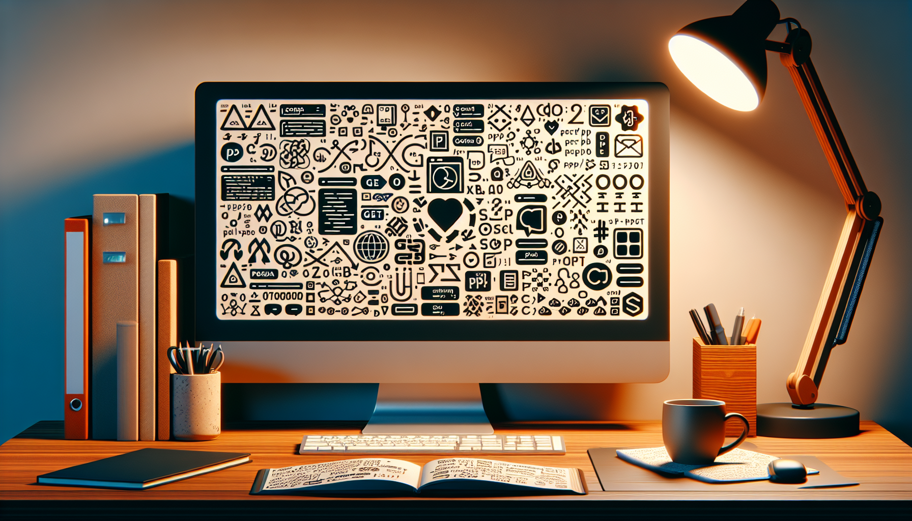 A computer screen displaying an array of abstract symbols and diagrams, representing common PHP superglobals like GET, POST, etc., but without showing the actual text. Next to the monitor, there's a notebook with similar non-textual representations. The computer and the notebook are sitting on a wooden desk with a lamp that provides warm lighting, and a mug with a hot drink, symbolizing a comfortable working environment for web development. No people, logos, brand names, or textual elements are present in the scene.