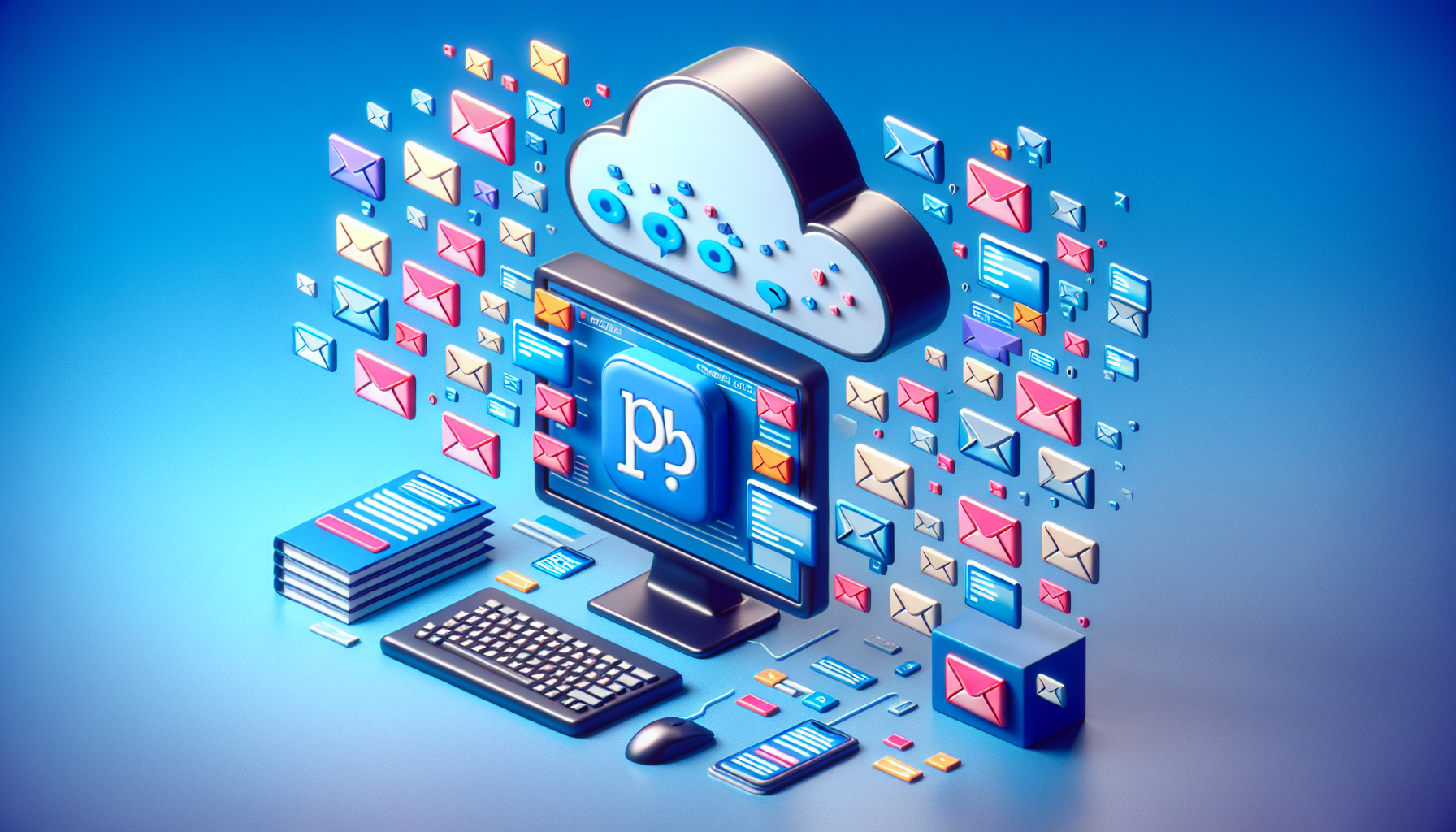 Create an image illustrating the concept of sending push notifications with PHP, a popular scripting language. Represent this as a computer terminal with the PHP symbol. Display a digital cloud above the terminal from which virtual notifications (stylized as envelopes or bubbles) are emerging. All elements in the scene are devoid of brand names and logos, any text, and people. Further, all technology and symbols should appear generic and as much as possible not linked with specific brands or entities. The colors should be vibrant and engaging, but balanced and professional to suit an article's context.