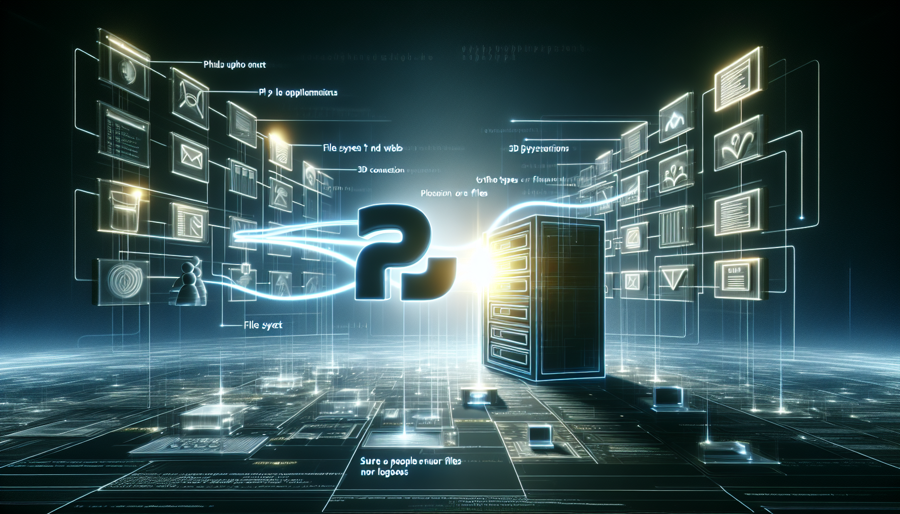 An abstract representation of an interaction between PHP and the file system used for web applications. Illustrate PHP as a symbolic script glowing on a screen, the connection can be visualized as a stream of light moving from the screen to a 3D symbolic representation of a file system with different types of files and folders. Everything is set in a futuristic and digital environment, conveying a feeling of advanced technology. Ensure people, text, brand names nor logos are visible in the scene.