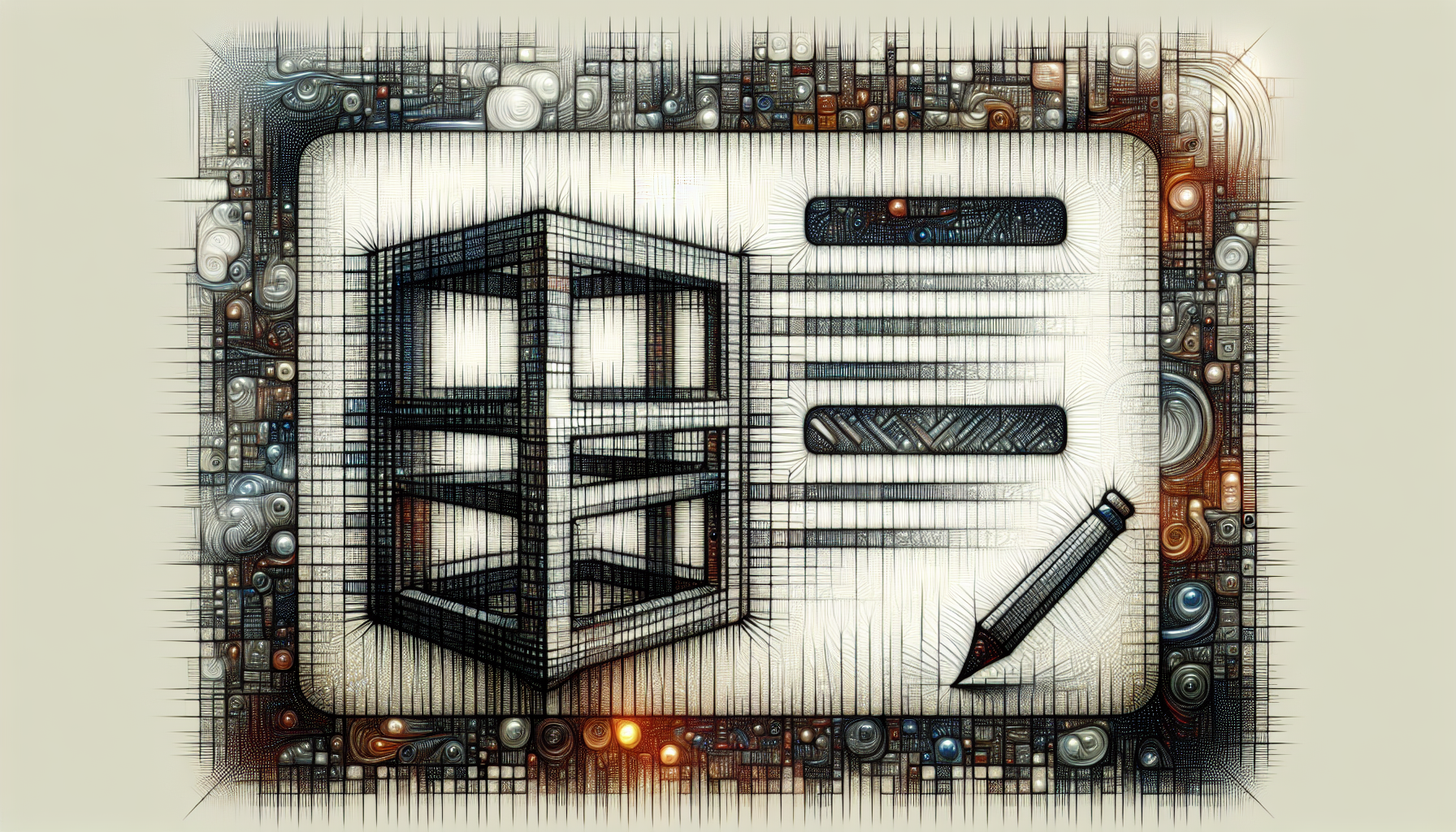 Create a detailed and visually coherent image that subtly communicates the concept of 'Implementing CAPTCHA in PHP for Form Submission Security'. The image should depict a strong visual metaphor; consider visually representing a web form, symbolised by a lined page, with a stylized, grid-shaped captcha box floating near it. Interweave these central elements with complex textures and patterns, evoking data encryption. The captcha representation can feature abstracted symbols or distorted grid patterns, devoid of text or numerals. Ensure no people, brand names, or logos appear in the image.