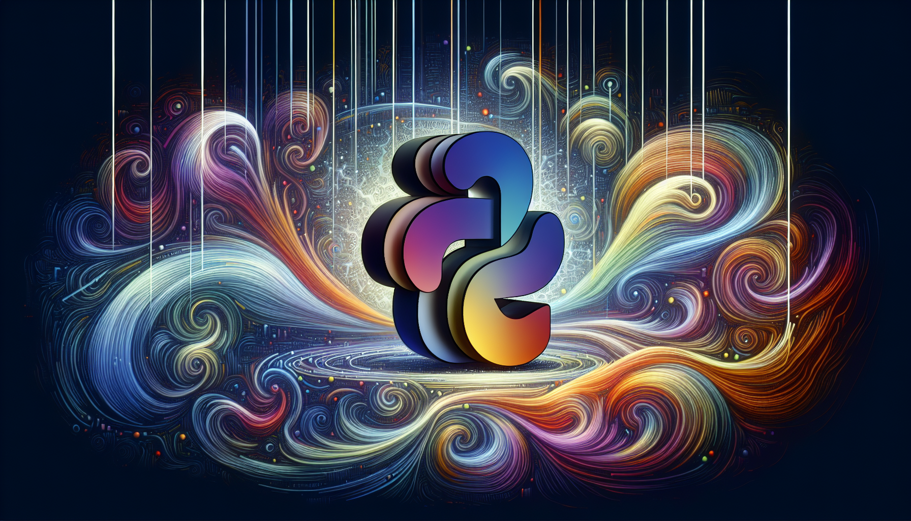 An abstract representation of PHP cURL at work. In the center of the image, feature a large, stylized symbol resembling a PHP variable with the tag '$cURL'. Surround the variable with abstract forms representing data flow. Visualize these data flows as arcing lines or swirling streams of multicolored light, representing the transfer of information in an API environment. Please ensure no text is present, no individuals are depicted, and no recognizable brand symbols or logos are used in the image.