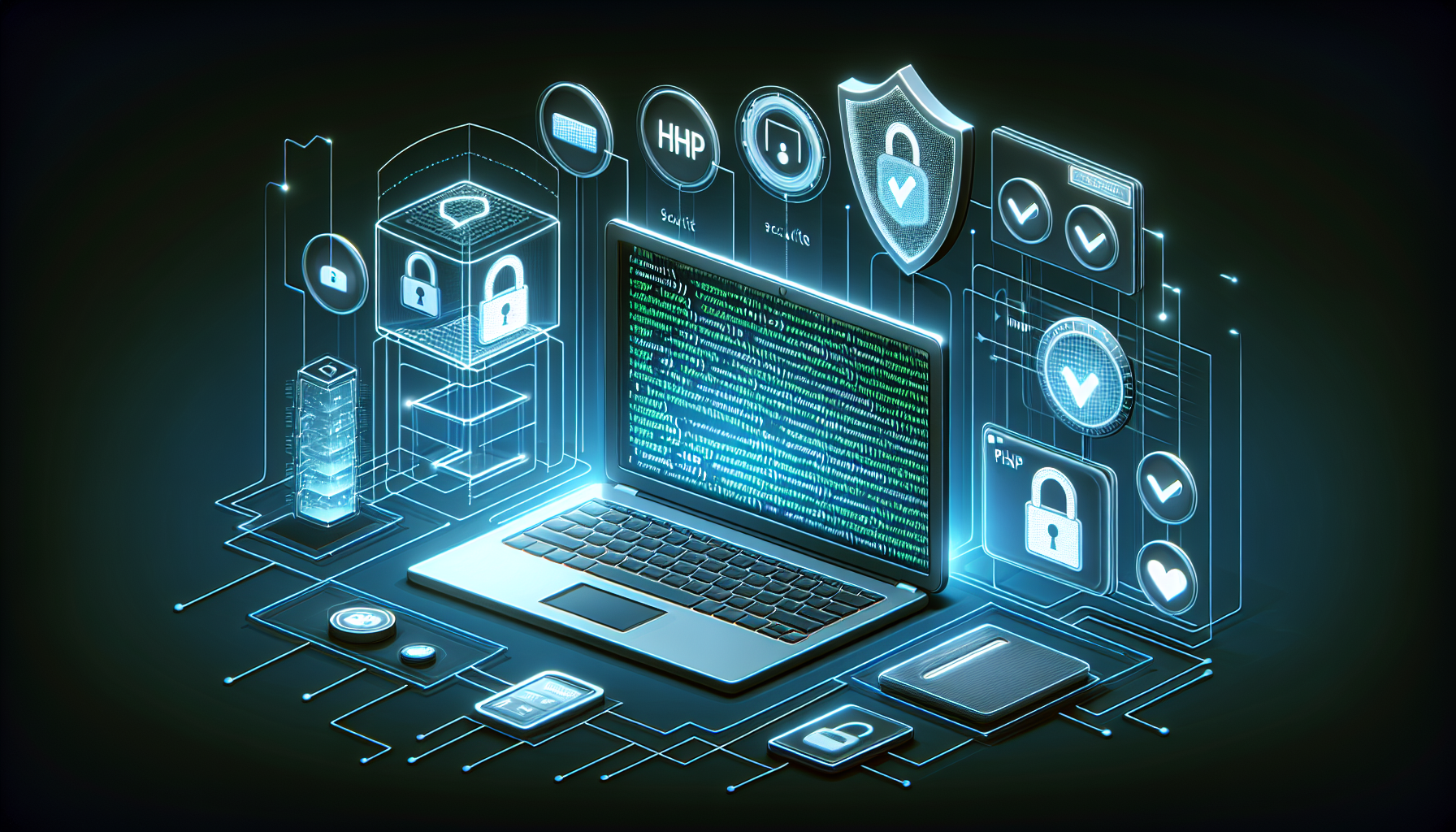 Visual depiction of a virtual environment created for website development. Show a comprehensive collection of essential tools including a laptop without visible logos, lined with cryptic code to represent PHP. Beside it, display a shield signifying security and symbolize user input with an abstract form like entry box or cursor. Include a translucent lock hovering above to imply encryption and validation, and a green checkmark encompassing it to hint at successful security protocol. Remember, no individuals, textual content, or brand-specific identifiers should be present.