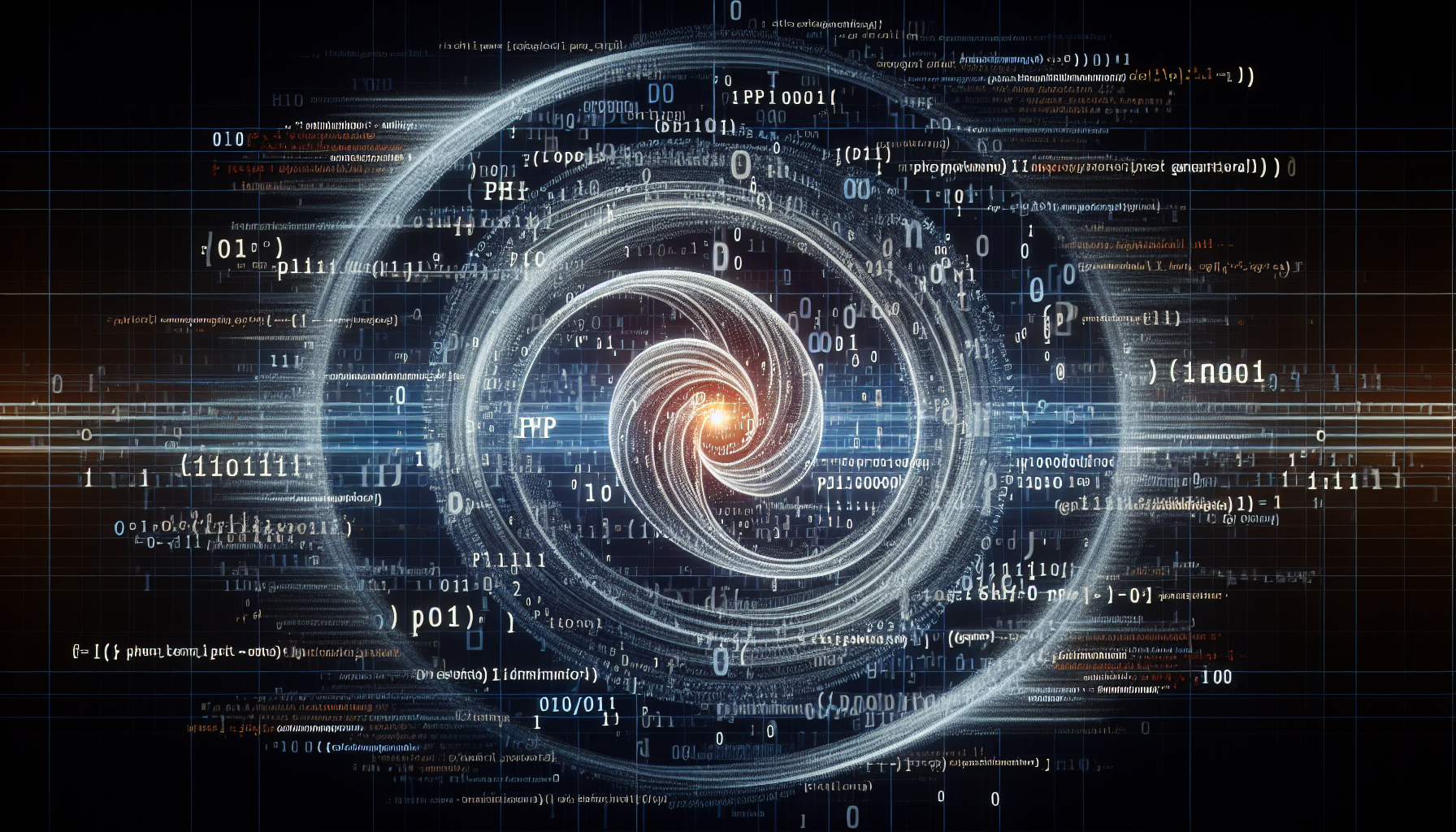 An abstract digital representation showcasing the concept of PHP coding being used to generate dynamic PDF documents. The image should include a symbolic representation of computing code, shown through the lens of a swirl of binary numbers and lines of abstracted script that transforms into a visual metaphor of a PDF document. Furthermore, the transformation process should emanate a sense of dynamism. No text, brand names, logos or people should be included in the image.