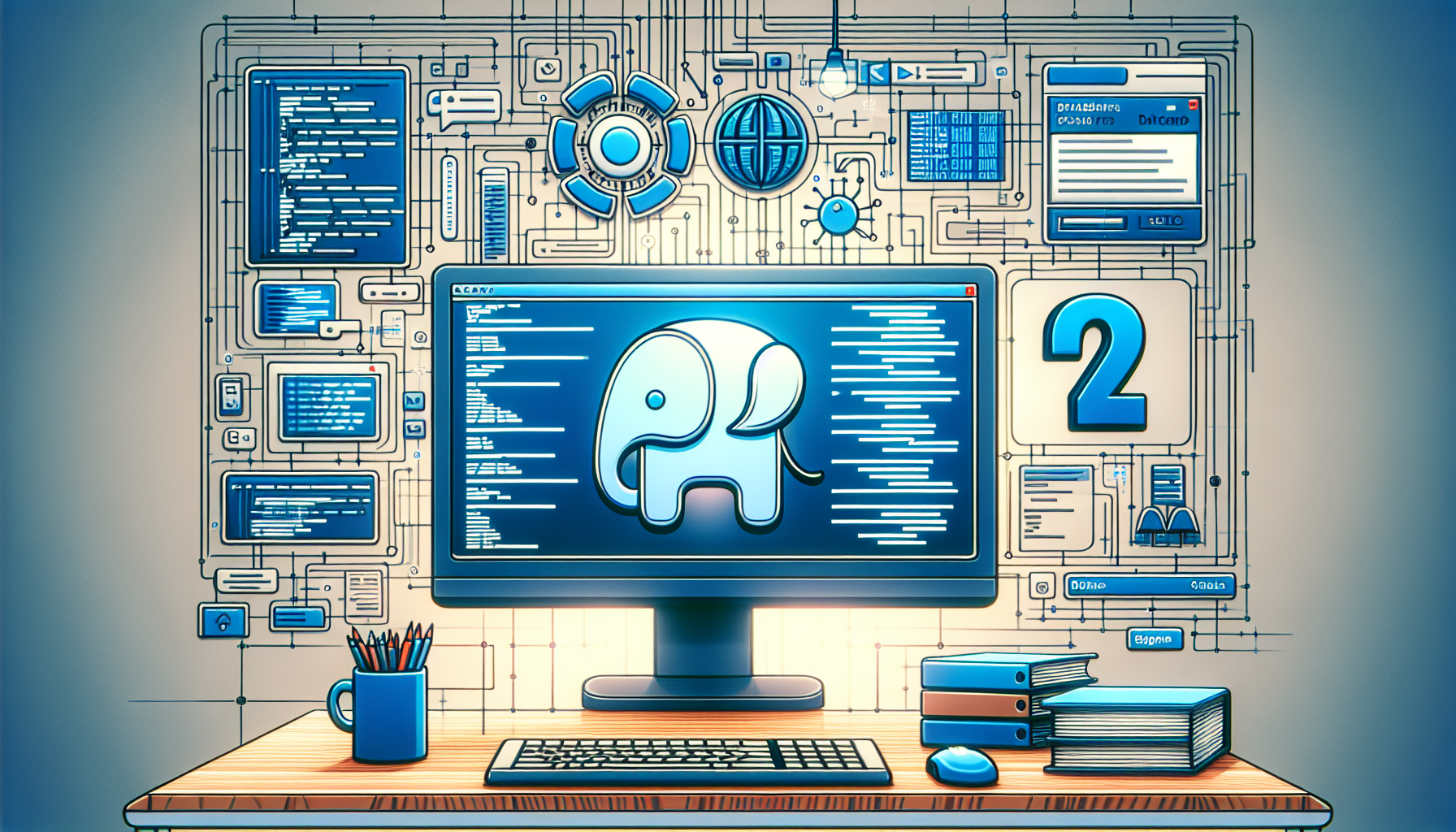Create a detailed representation that encapsulates the idea of developing database-driven applications using PHP and SQLite. Visualize a desktop environment with a monitor displaying a distinctive yet non-branded SQL database interface along with relevant command lines, possibly represented by abstract symbols to avoid text. Also, include blue PHP elephant symbol which is a unique representation for PHP language - not a brand or text, just an abstract symbol. Avoid including any people or brand names or logos. The overall atmosphere should reflect a focused, organized workspace dedicated to tech development.