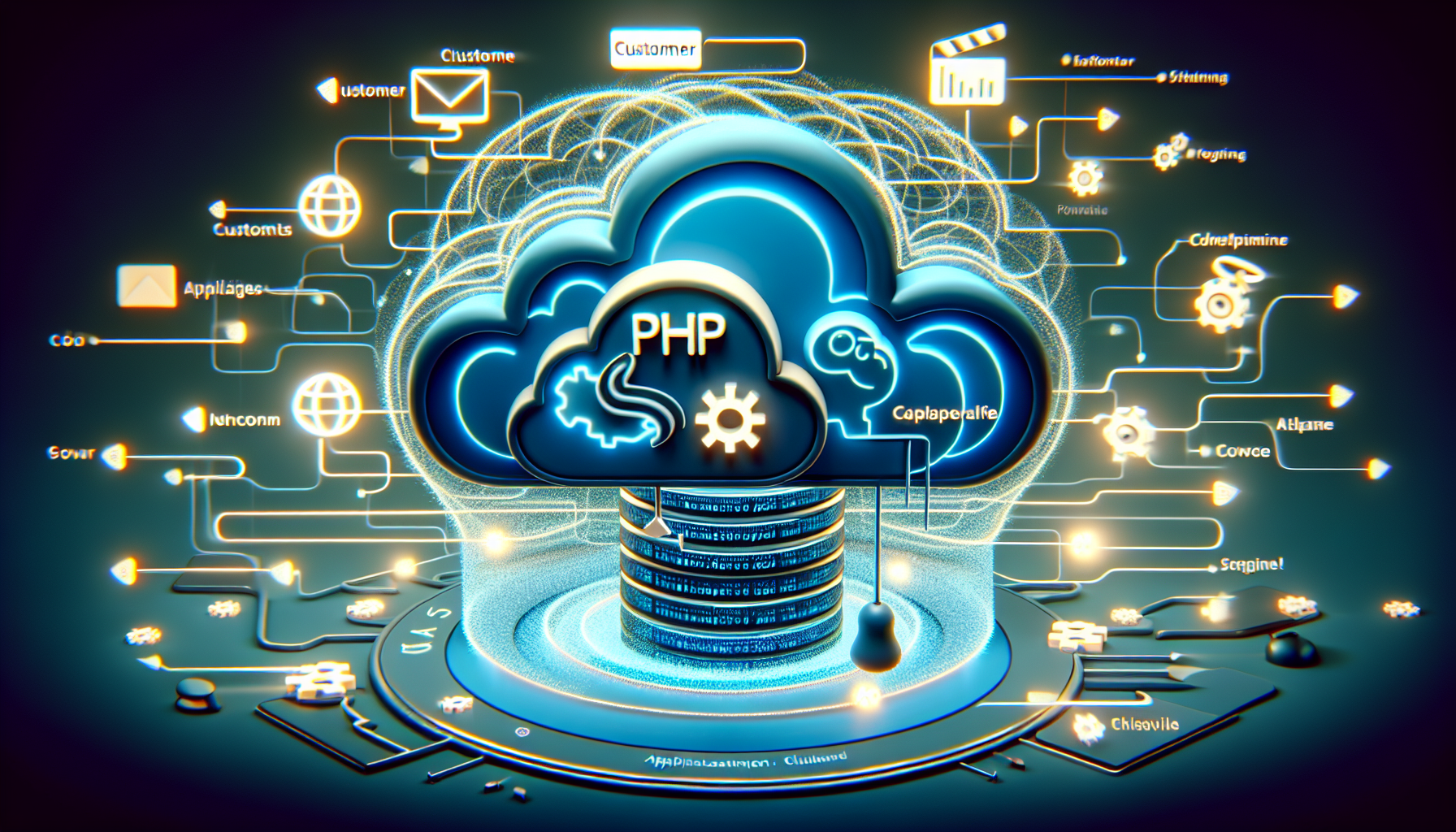Illustrate an abstract interpretation of a PHP applications deployment process on cloud servers. The image should represent a server cloud with thick customer data flow and swirling information being absorbed into it. Three-dimensional, glowing symbols like cursors and PHP's elephant logo should be orbiting around the cloud to hint at the programming aspect. Make sure there are no people, text, brand names or logos within the image. Also, apply a minimalist aesthetic with striking but subtle colours to make the image suitable for tech beginners.