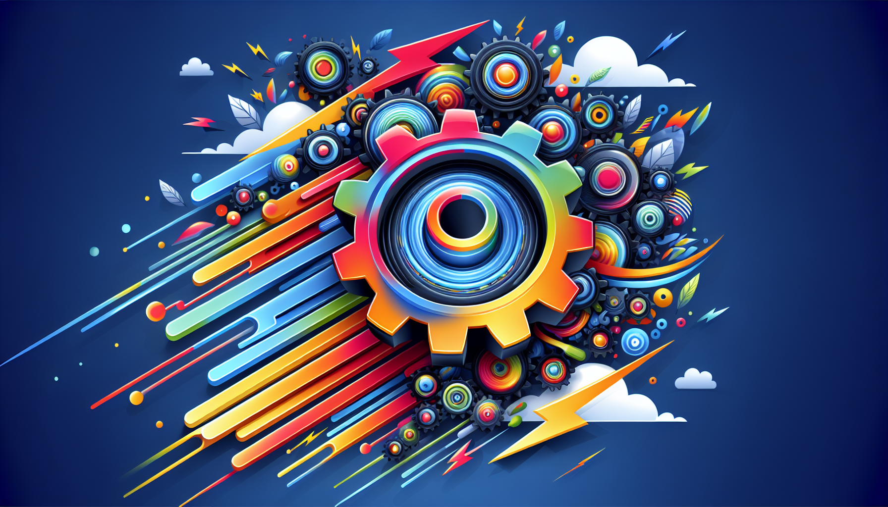 Visualize an abstract concept related to the evolution and enhancement of a programming language, represented by a vividly colored, multi-dimensional gear turning efficiently, symbolizing PHP 8. Include elements such as speed and performance, represented by lightning bolts and race stripes. Ensure the compösition does not include any people, text, logos or brand names.