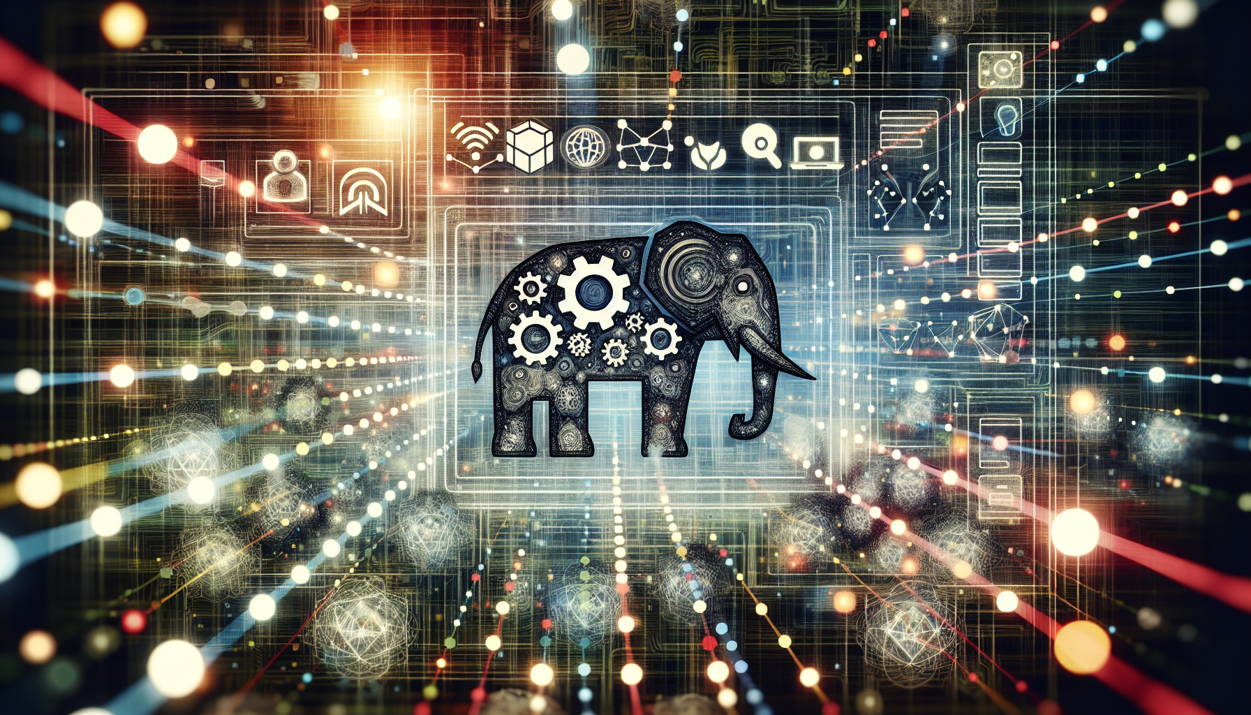 An abstract representation of a developing web application. Visible are symbols of PHP--an elephant, and WebSockets--two connected gears, symbolizing interaction. Bright lines and dots casually threaded together, signifying the web and interconnectedness, creep across the image. Also included is a detailed depiction of an interactive screen, with non-specific symbols and icons that indicate a user interface, but without actual legible text. The interface is floating in a digital space denoted by circuit-like lines and designs. All of this is set against a background suggestive of an intricately coded digital landscape.