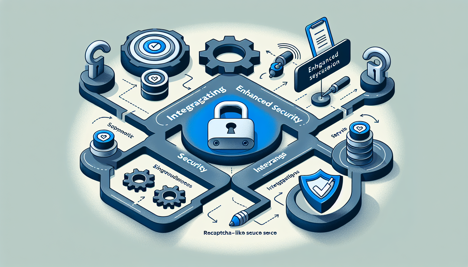 A structured and diagrammatic representation showing the process of integrating enhanced security in PHP forms without people, text, or brand names. It includes various elements like a lock symbolizing security, a generic form symbolizing PHP forms, gears symbolizing integration, and a shield symbolizing ReCAPTCHA-like secure service. Ensure there are no recognizable logos or brand names depicted.