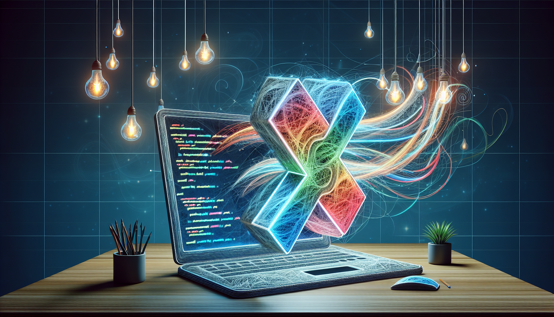 An intricately abstract concept illustration signifying the use of PHP for handling XML data. A giant metaphoric, non-branded laptop on a tranquil office desk, displaying iconic representations of PHP and XML documents, with vivid symbols made from flowing energy lines. The PHP symbol subtly manipulating the XML symbol, showcasing the transformation of data. No people, text, or brand logos are visible in this scene.