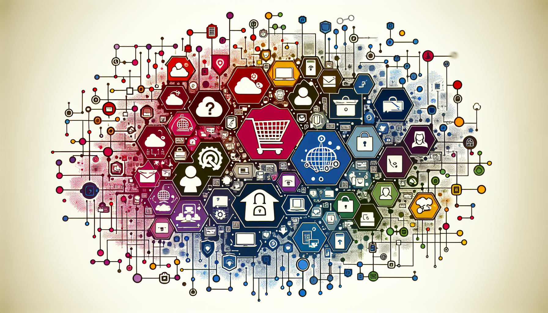 An abstract representation of the computational process involved in building eCommerce platforms using PHP. Visualize a network of connected nodes symbolizing the structure and architecture of an eCommerce platform. Include icons like shopping carts, secure payment channels, or user profiles to hint at the functionality of an eCommerce site. But avoid any text, people, or brand symbols in the frame. Colors of the nodes and connections can lean towards the conventional color scheme of PHP logos without resembling the logo itself.