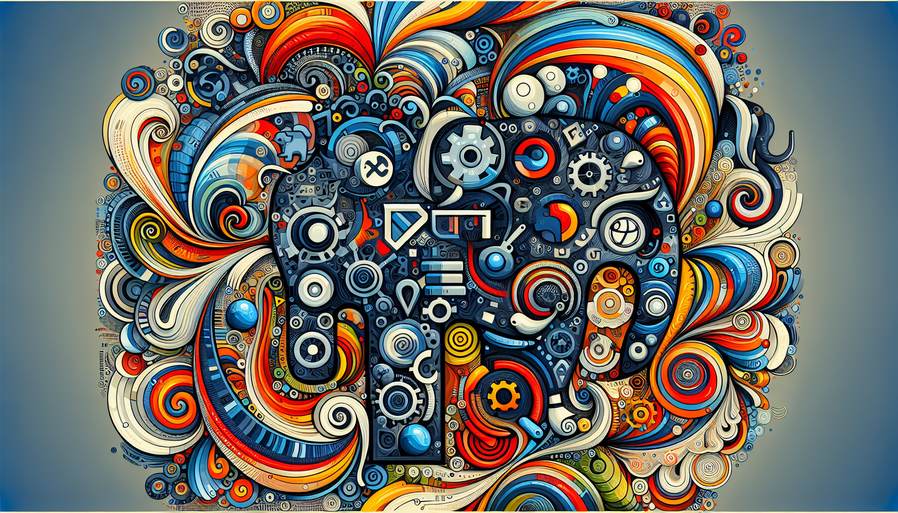 Generate an abstract image representing the concept of PHP environmental variables and dynamic configurations. The visual narrative should include symbols commonly associated with configuration settings, such as adjustable sliders or dials, and symbols related to PHP, such as elephants (commonly used as mascots for PHP). The image also needs to include elements of an environment suggesting variability and dynamism, like swirling patterns or malleable shapes. The image should be free of all text, brand names, logos and human figures. Maintain a combination of vivid colors for response's balance and appeals.