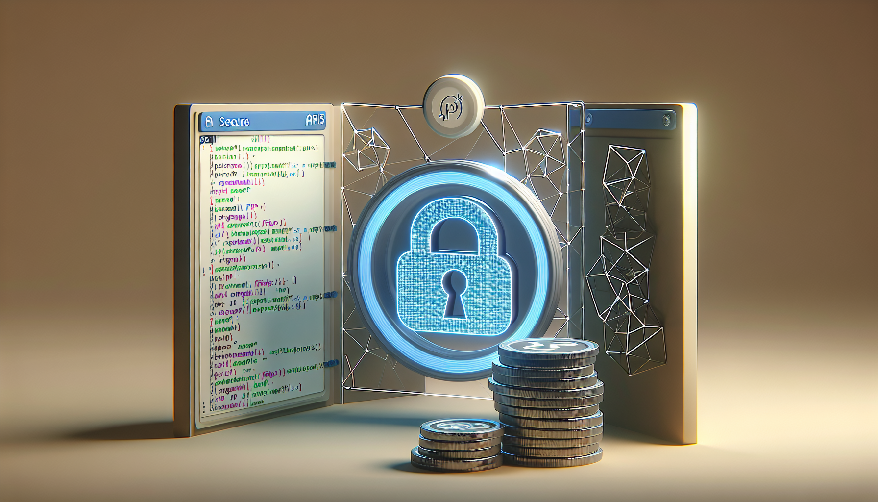 Visual depiction of a secure barrier surrounding digital representations of APIs, all cast in the glow of a PHP coding language color scheme. In the background, a minimalist representation of a cryptographic token floats. The scene is set on a neutral background with no brand names, no logos, no people, and no text on items.
