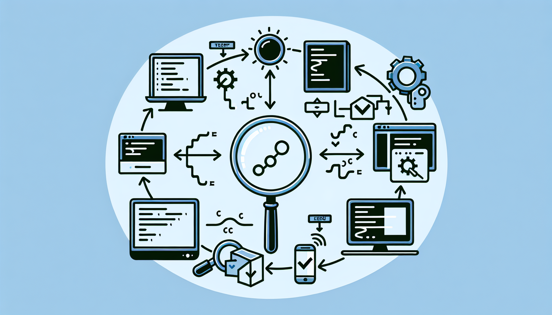 Create a visual diagram that illustrates the process of debugging in PHP. The diagram should include symbolic representations of various tools and techniques commonly used for debugging such as breakpoints, error logs, unit testing, and the use of a magnifying glass symbolizing the process of examining the code closely. Emphasize the flow and continuum of the debugging process. All visual elements should be generic and not tied to or representing any brand names or logos.