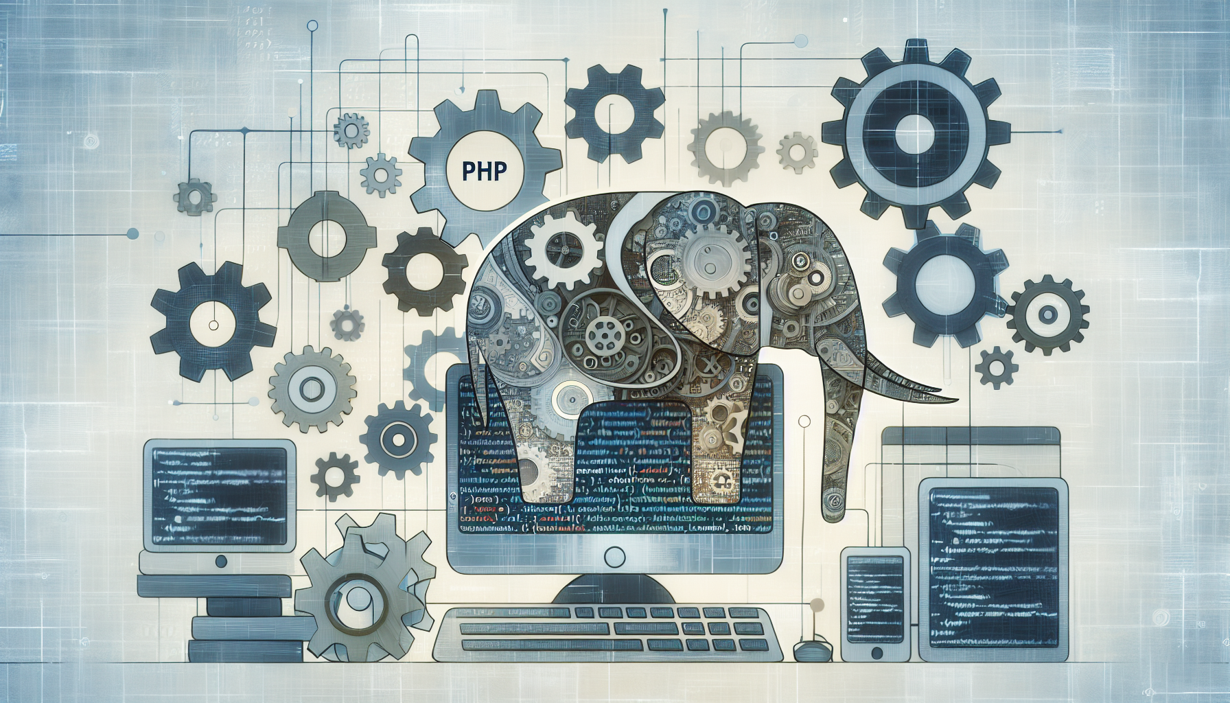An abstract image representing the automation of repetitive tasks through computer programming. The picture should denote symbolic elements of PHP, like an elephant, indicating the PHP script. Nearby, visualize several mechanical gears working in unison, indicating the idea of automation. Computer screens displaying indistinct code snippets are depicted to symbolize programming related tasks. The color scheme should be largely neutral with shades of blue and white. Ensure no text, brand names, logos or human figures are included in this image.