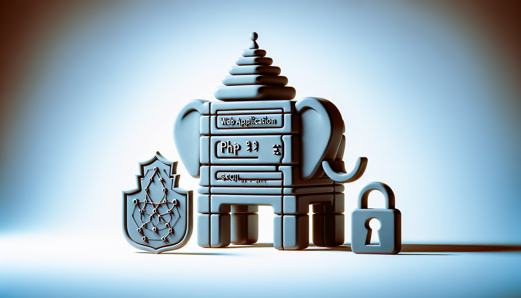 An image representing the concept of securing PHP web applications from SQL injection attacks. The image should feature a symbolic depiction of a web application, identifiable as PHP due to the visual representation of the iconic elephant but without text or branding. Additionally, the image should have visual elements symbolizing security measures, perhaps the likeness of a shield or padlock. Potentially include a depiction of SQL as represented by a rudimentary database icon or similar structured theme, again no text, to embody the injection attack. All these elements should be artistically integrated in a metaphorical yet minimalist scene, free from people.