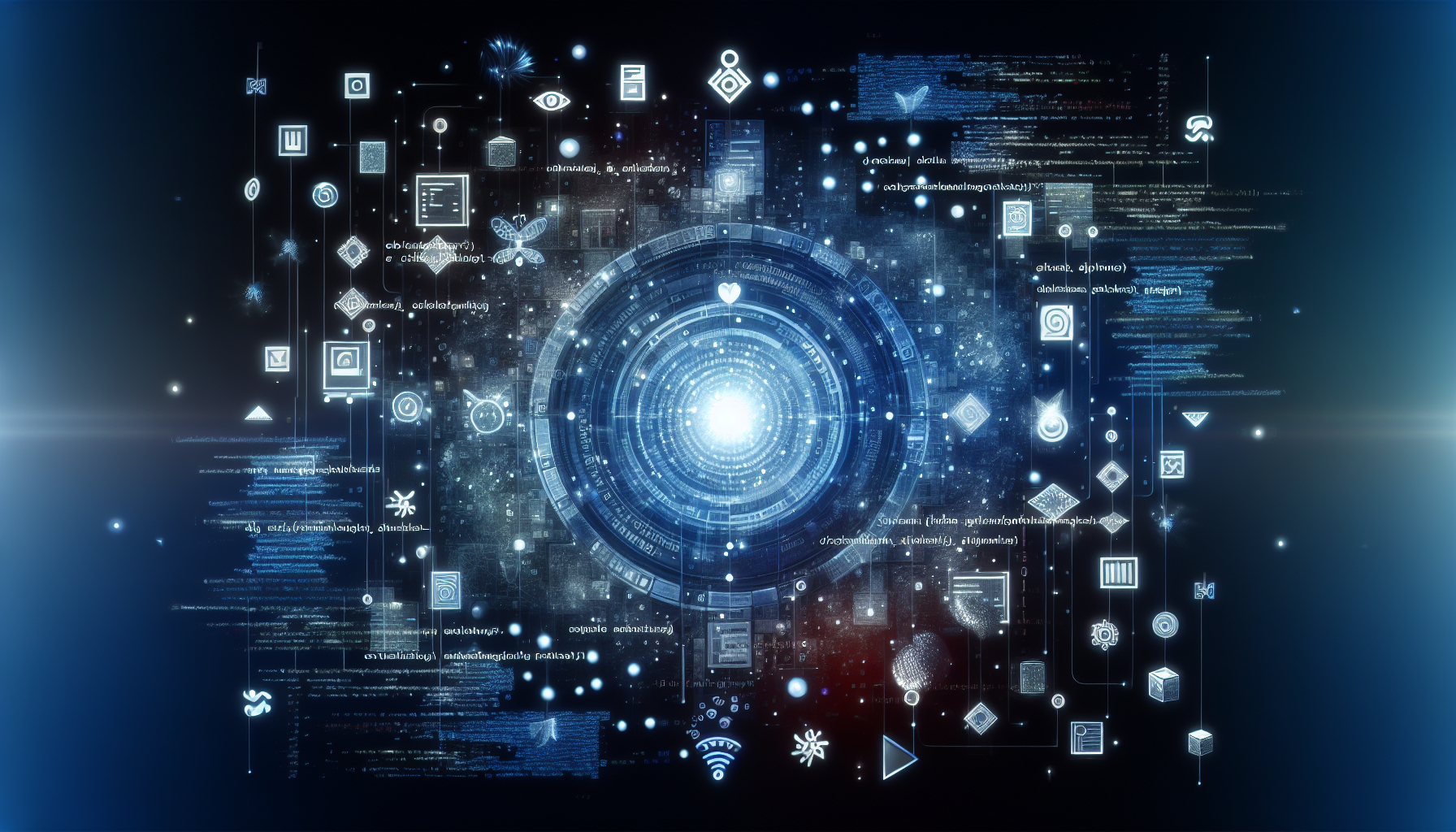 An abstract representation of a software coding process for data validation techniques involving PHP's filter functions. Imagine a collection of digital symbols and shapes, suggesting the communication and interaction between various coding components. Involve a central element glowing with a light source as a symbol for the pivotal role of filter functions in data validation. Include on the sides small, floating, shaded, abstract figures representing data being filtered by the functions. Create a harmonious color palette dominated by blue, symbolizing the digital universe. All elements are void of text, logos, brand names, or human figures.