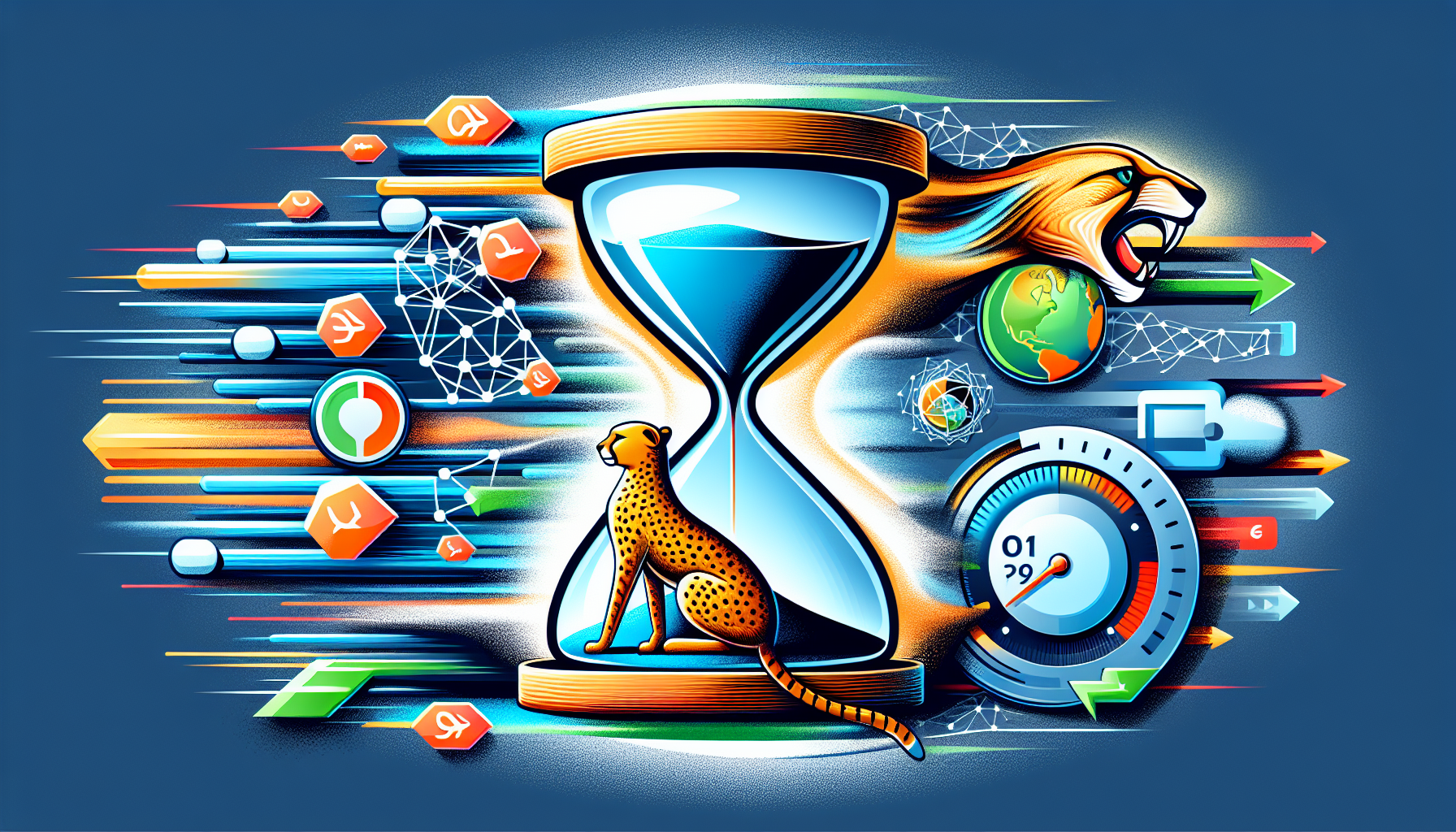 A pictorial representation showing the process of improving web page load times using PHP output buffering. Illustrate the concept of a rapidly moving hourglass implying faster load times in the center. Surrounding it, abstract symbols portraying PHP output buffering: a buffering icon, stylized cheetah for speed, and data packets flowing swiftly through a tunnel. Ensure no human figures, brand names or logos are present in the design. Do not include any form of text in the image elements.