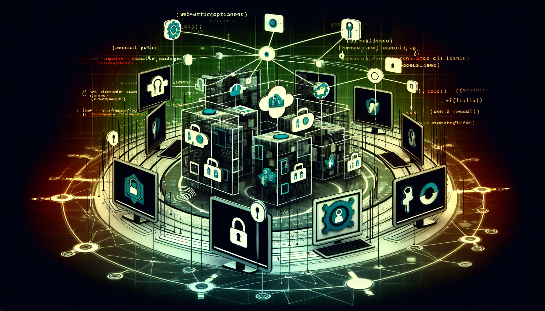 An abstract representation of a web application management concept. Depict a series of digital screens floating over a structured web of lines symbolizing network connections. On the screens, show graphical icons synonymous with state management such as locks, keys and arrows pointing in a cycle. Near the top, represent the concept of PHP sessions via rounded rectangular shapes inspired by PHP session cookies. Ensure the overall color scheme is computer coding oriented, with colors such as green, black, and white prevalent. Do not include any text, brand names, logos or people in the image.