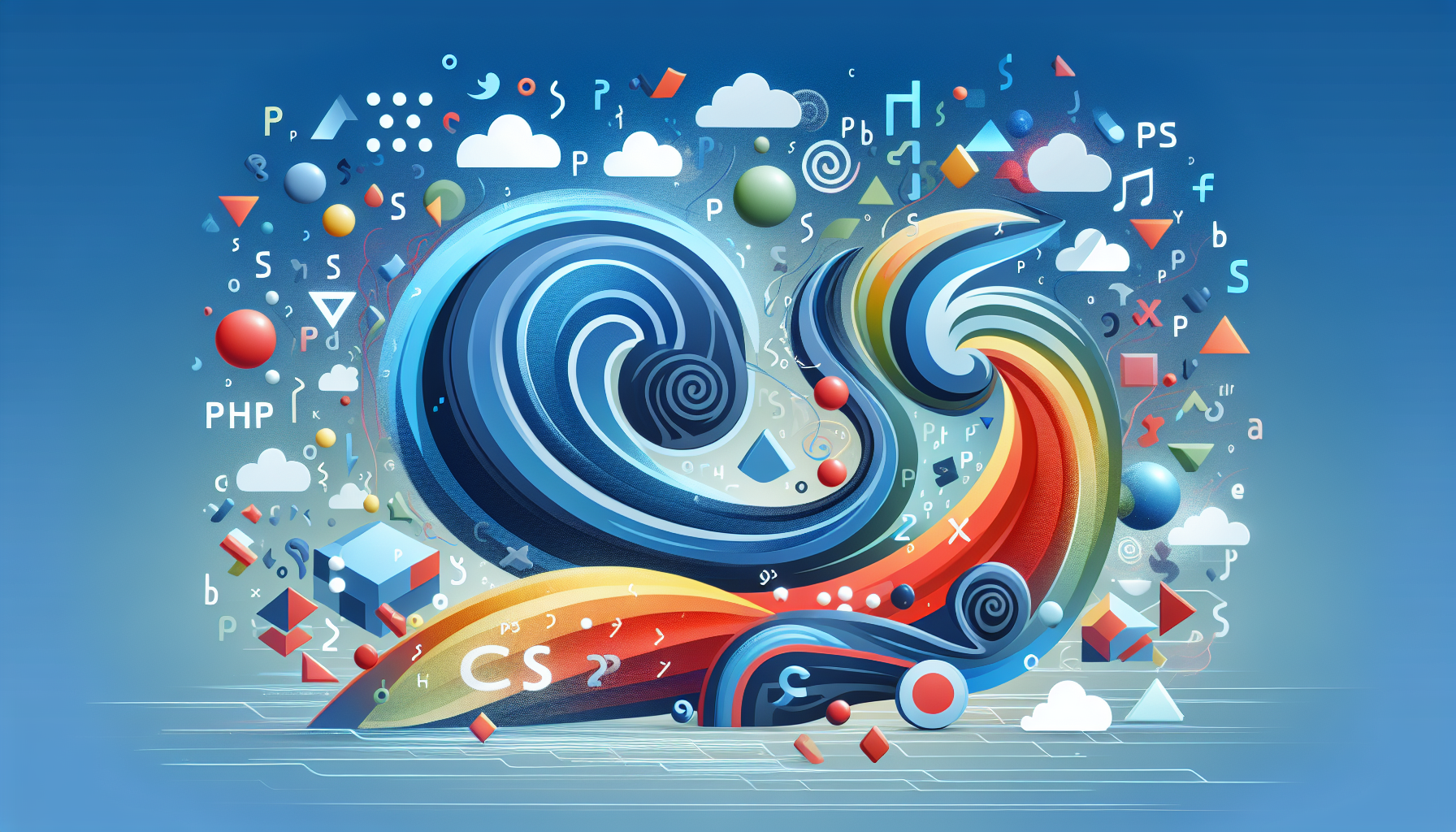 Illustrate an abstract representation of dynamic interaction between PHP and CSS. Visualize a stylized symbol of PHP denoted by a swirling force interacting with a symbol of CSS represented as a sheet of multi-colored styles. Show the PHP symbol impacting the CSS and causing it to change colors and shapes, signifying the dynamic change of styles based on user actions. All elements on a digital landscape devoid of any real-world items, people, text, brand names, or logos.