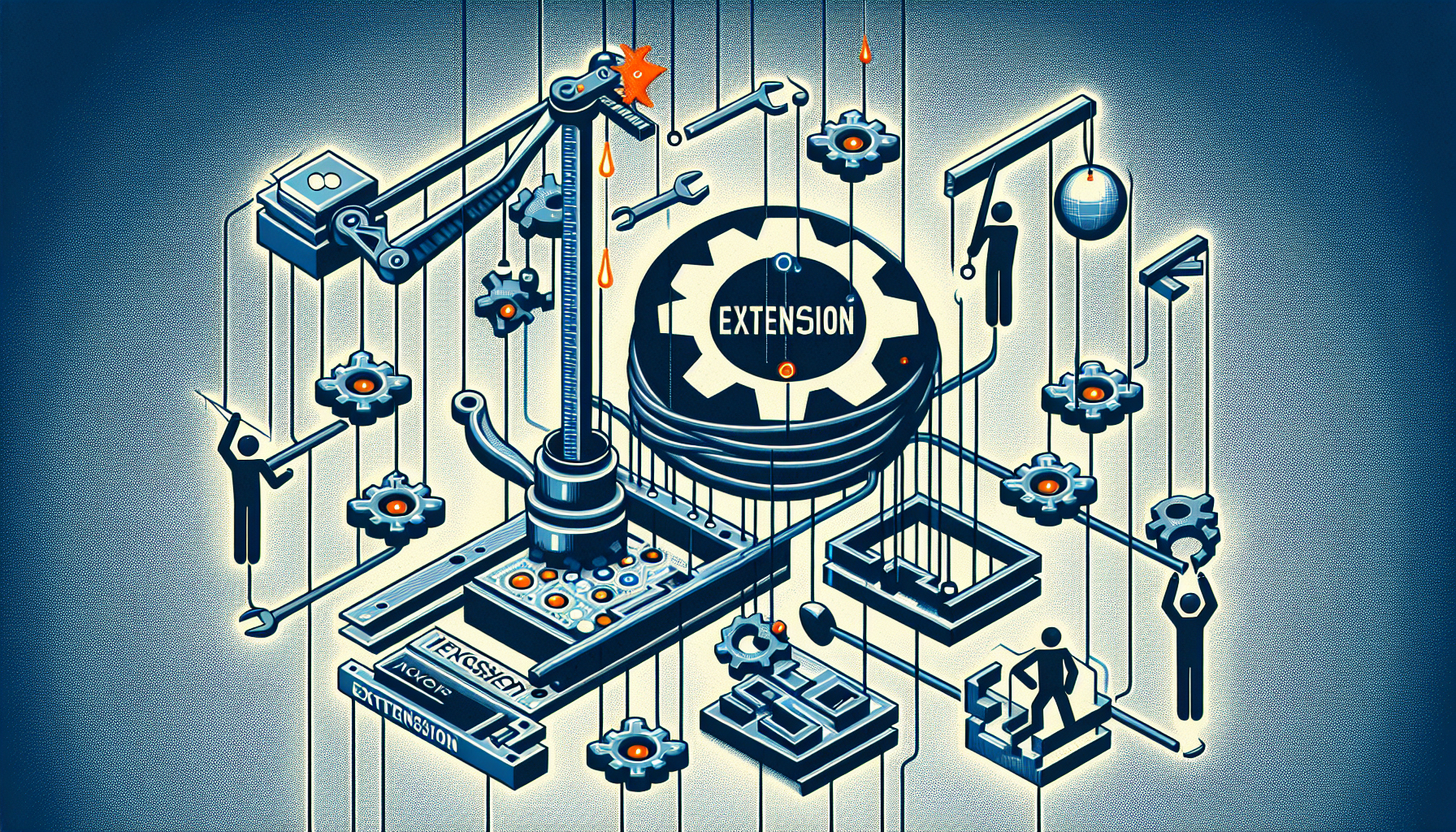 A visually impactful illustration depicting the concept of extending PHP's core functionality in website development. The image showcases a series of networked nodes, some representing core, built-in PHP functions, others symbolizing the additional, custom-made extensions. Visual metaphors like a construction site or operators adding parts to a machine could represent the process of building PHP extensions. However, this graphic representation avoids human figures, text, and brand logos, focusing solely on the abstract idea of software development and extension.