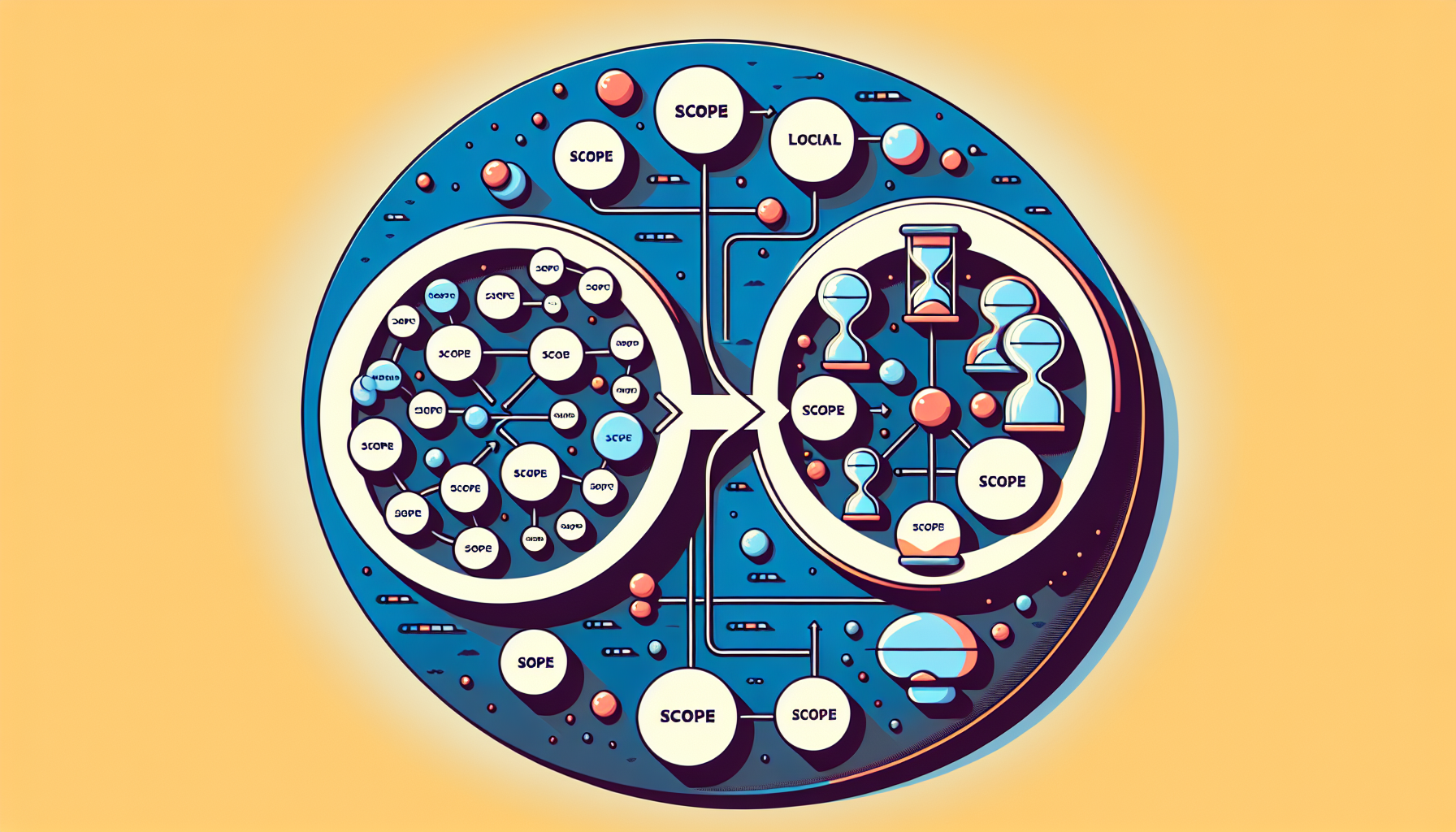 An abstract representation of PHP programming concepts. An image showing two distinct areas illustrating variable scope and lifetime. The 'Scope' area filled with overlapping circles symbolizing different scopes where each circle represents an area of scope, some larger encompassing smaller ones indicating global and local scopes. The 'Lifetime' region contains hourglass symbols representing transient existence of variables. The areas are connected via an arrow to symbolize the relationship between scope and lifetime. No text, people, brand names or logos are present.
