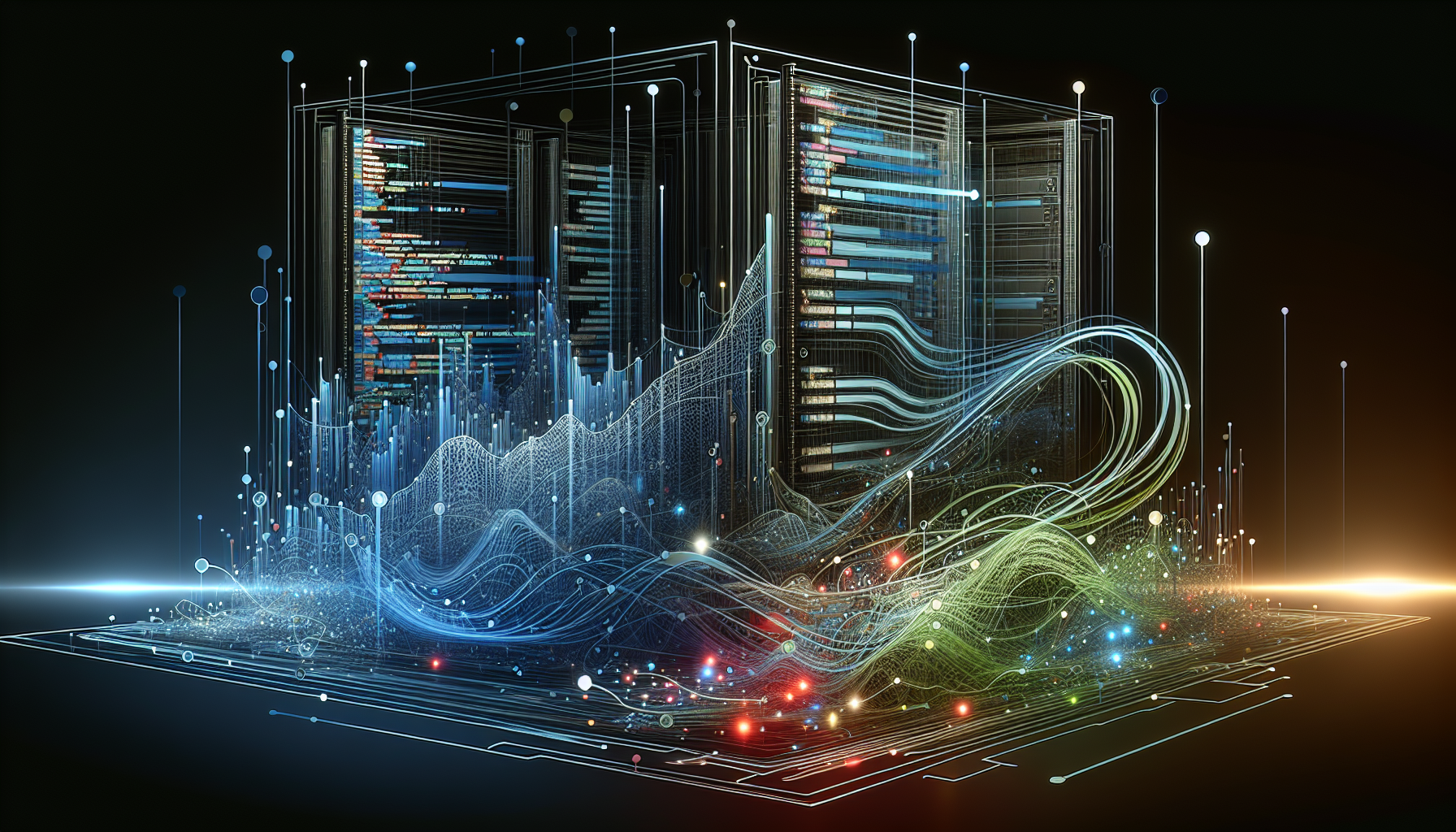 An abstract digital representation of a web server. On one side, there are shifts, gradients, and nodes representing high-level PHP code. This transforms into visually complex paths, ranging from smooth to jagged, illustrating background process execution. There are glowing lines of different colours symbolizing data flow. The image captures the essence of the topic without incorporating text or revealing any brand names. It maintains a tech-centric and neutral color palette involving hues of blue, green, and grey.