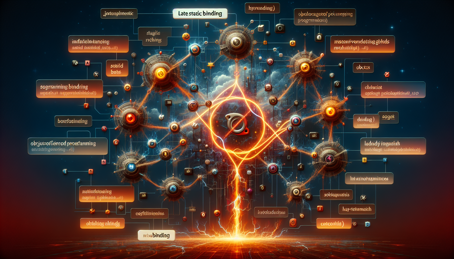 An abstract representation of object-oriented programming (OOP) concepts in PHP. It focuses on Late Static Bindings mechanisms. Visualize this by having symbolic representations or glyphs representing programming terminology. Showcase an array of interconnected nodes representing objects. In the foreground, have a distinctive binding or link depicted as a fiery chain or lightning bolt, representing the 'Late Static Binding' concept. Do not include any brand logos, names, or people in the scene.