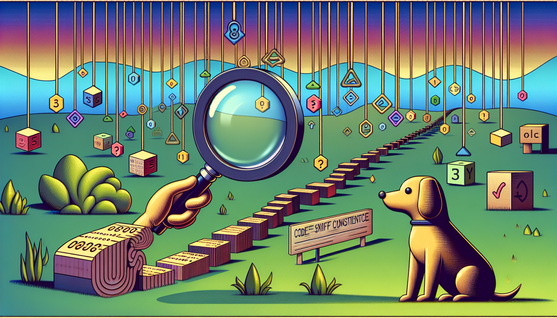 A digital landscape depicting the process of implementing coding standards. The foreground features a magnifying glass inspecting squiggly lines, representing PHP code, along a twisted string. Adjacent, different shaped blocks representing various coding conventions sitting uniformly, symbolizing consistency. In the middle ground, a vintage style sniffing dog made of 1s and 0s intently following the code's trail, denoting the code sniffer's function. At the far end, above, a generic symbol indicating approval. The scene free of text, people, brands, and logos, carrying the essence of Implementing PHP Code Sniffers for Consistent Coding Standards.