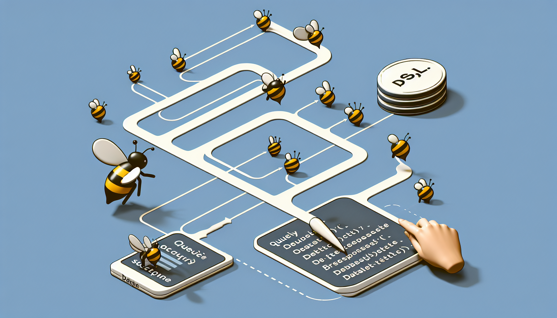 An abstract representation of a PHP script interacting with a MySQL database for efficient data retrieval. Illustrate SQL query strings being sent from the PHP script to a database icon, which returns bee-like data packets. The path of the packets should indicate efficiency with smooth curves and short pathways. Everything in a digital style, without any specific brandings, logos, or human figures, and following a neutral color palette.