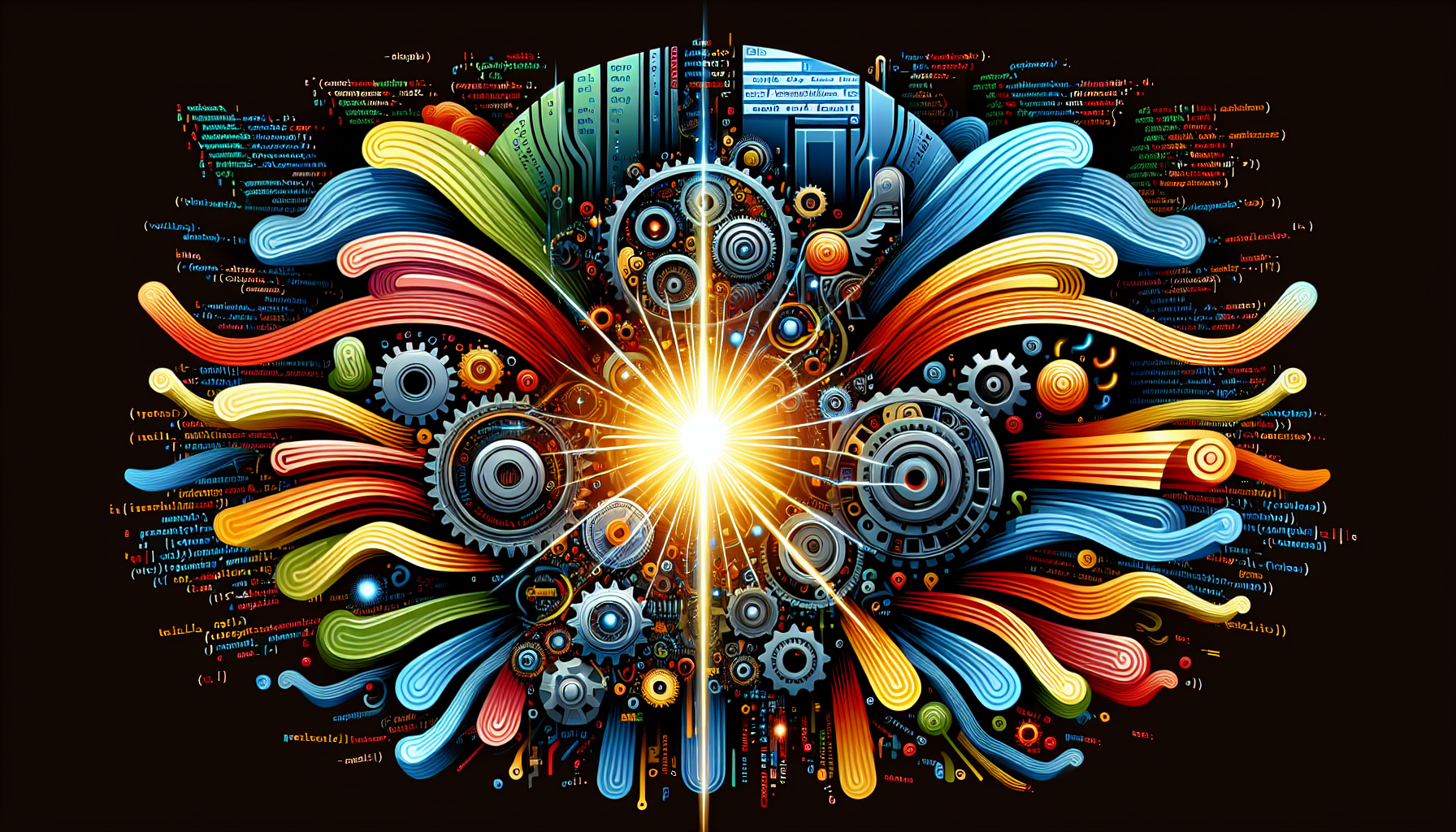 An abstract representation of custom error handlers in PHP. Image containing PHP syntax highlighted code into an abstract machine embodying a debugger. A customized set of tools, devoid of brand names, emitting a radiant glow symbolizing error detection. Various gears and machine parts symbolize the intricate workings of the handler, and wavy lines represent the flow of data being processed. Colors should largely be inspired by the default PHP logo. Avoid having people or any text - inside or outside objects - in this depiction.