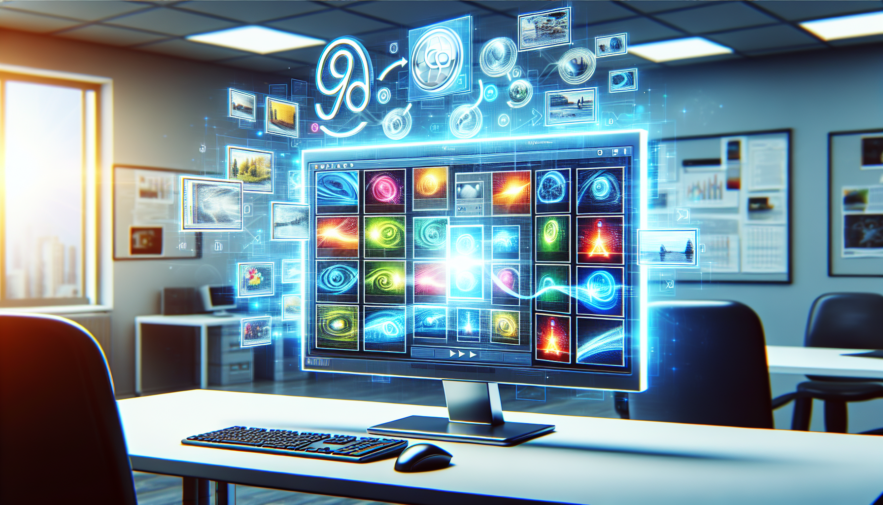 A detailed digital illustration of a dynamic image gallery. A sleek computer monitor sits in a well-lit workspace. The monitor displays a variety of vibrant digital images arranged in a neat grid, symbolizing a photo gallery.4 Orbiting around the monitor, there is an ethereal, glowing entity showcasing the characteristics of the PHP scripting language such as loops, arrays, and the classic PHP logo, represented as symbolic illustrations rather than literal text or brand names. The workspace shows no signs of human presence, just the sleek technological devices used to create such galleries, devoid of any physical text or logos.