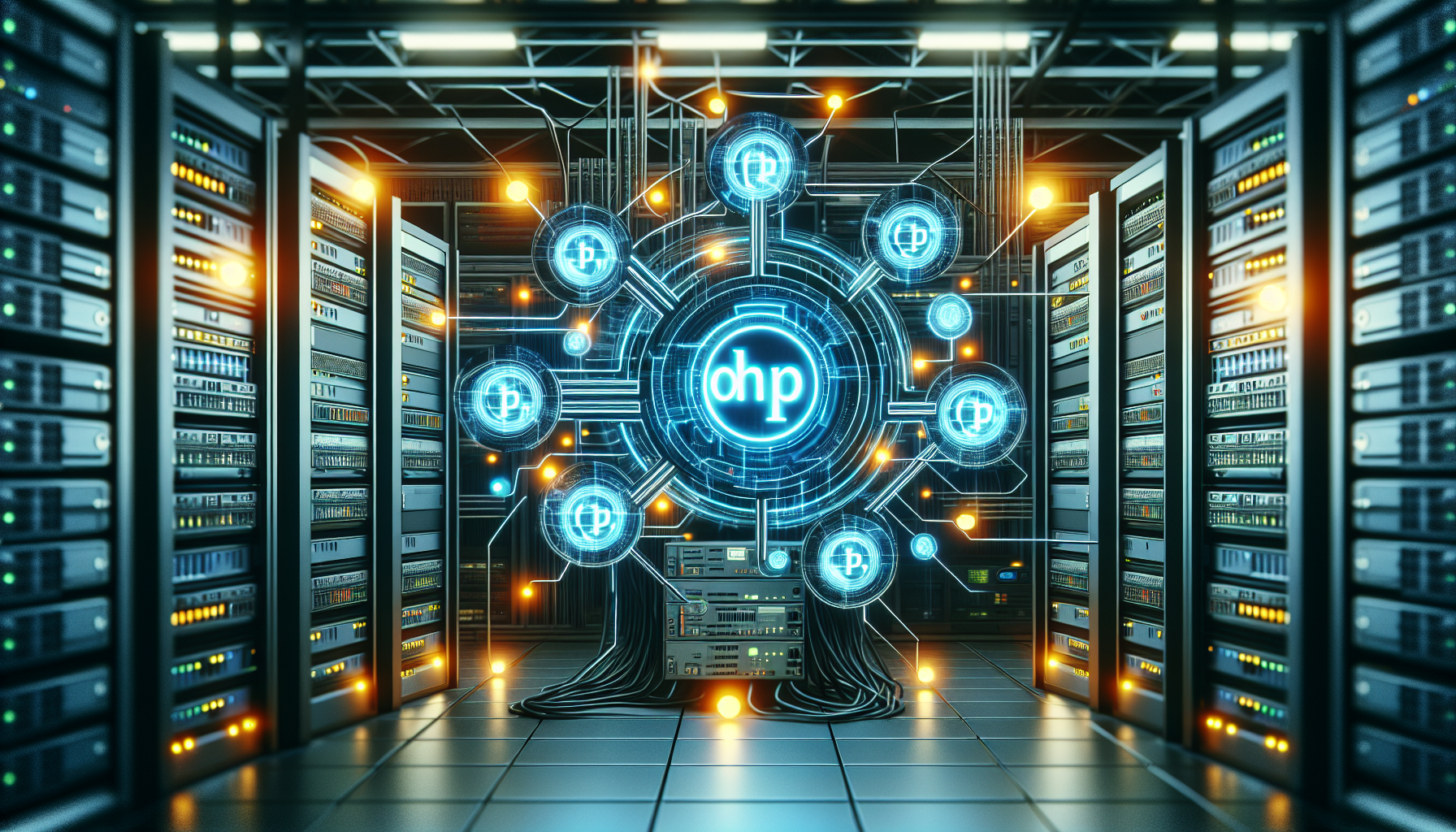 An abstract representation of a server room with multiple machines and cables indicating a complex network. In the center, a server board with interconnected PHP symbols glowing in a digital aesthetic demonstrates effective session management. Include blinking lights indicating data transfer and activity. Please exclude people, logos, brand names and any form of text.