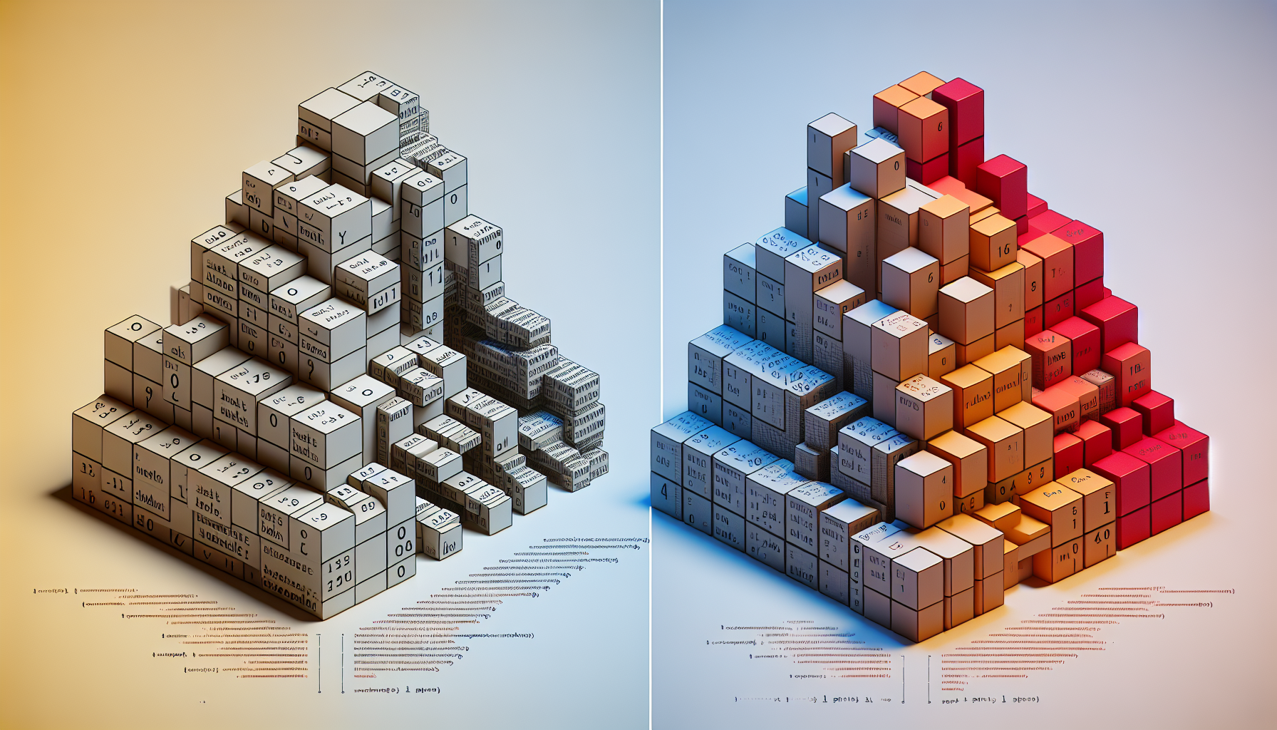 An abstract conceptual image showing two types of arrays in PHP programming language. The first part of the image depicts an indexed array, characterized visually by a series of uniformly shaped, non-overlapping blocks in a line, each one numbered from zero forward. To the side or beneath, it is contrasted by a depiction of an associative array. This part of the image shows pairs of blocks, one block containing a keyword or name (represented abstractly and without text), and the other showing a related value. For this array, the blocks vary in size and shape, symbolizing their non-numeric, flexible indexing. No people, brands, logos, or text are included.