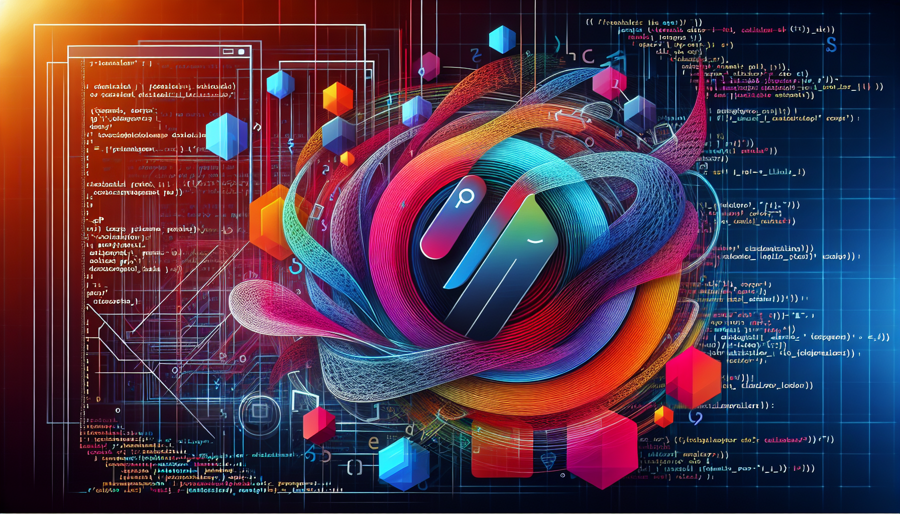 Generate an image that encapsulates the modern web development concept without including any people, text or brand names. The image should feature a series of interconnected abstract shapes, symbolizing HTML5 and PHP, in a digital environment. Use vibrant colors to suggest creativity and innovation in technology. Add code snippets in the background, but make sure they are not recognizable as any specific language or text. Integrate typical web development symbols like brackets and tags, presented abstractly within the design. Use geometric patterns to represent web structures.