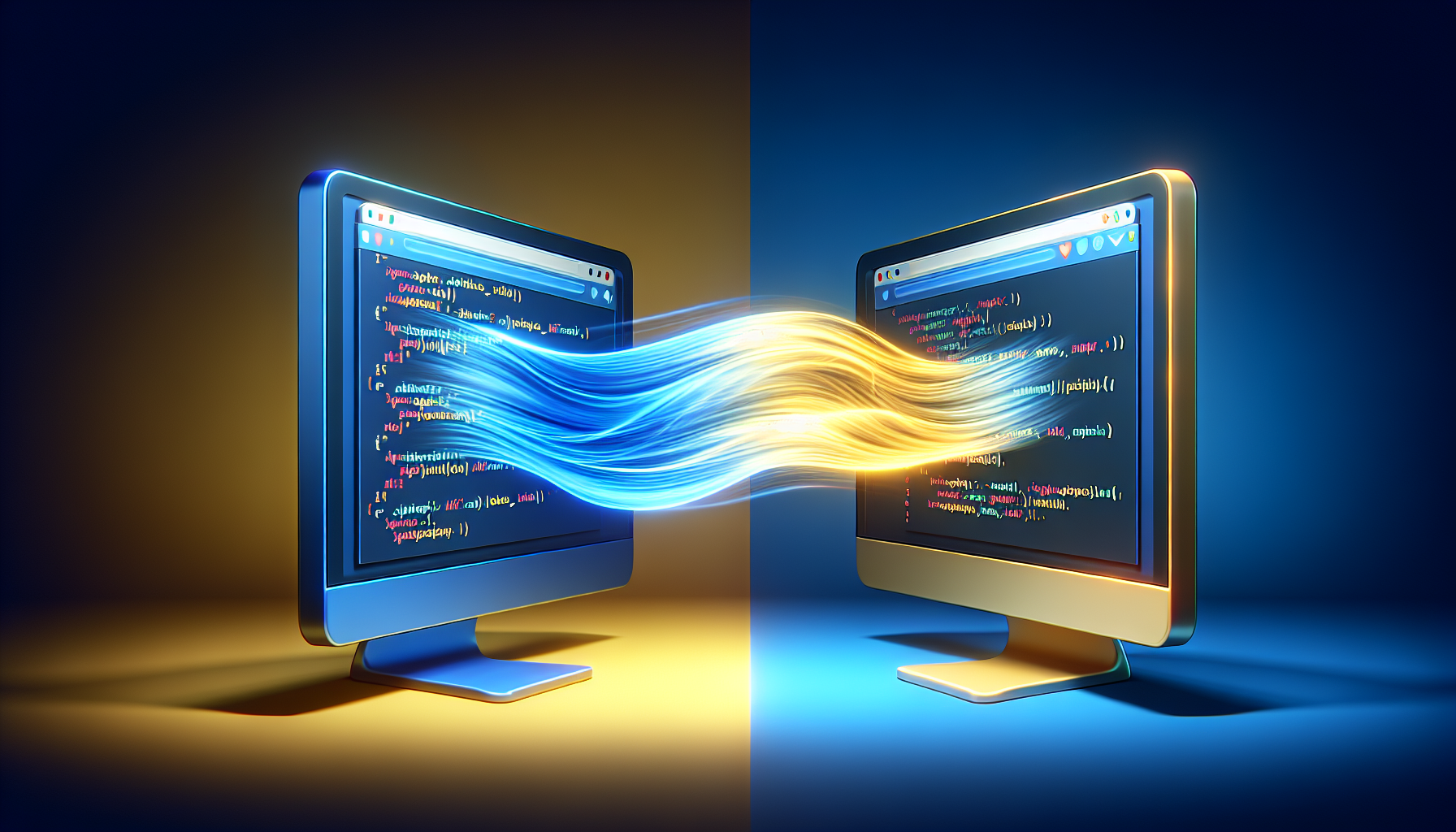 An abstract representation of smooth page transitions between two computer screens. One screen is embedded with generic PHP code glyphs and the other contains JavaScript code glyphs. Both screens are surrounded by a glowing, fluid-like wave to signify the smooth transition. The wave color gradually changes from blue (for PHP) to yellow (for JavaScript). No text or brand names visible anywhere. Also, ensure there are no people in the image.