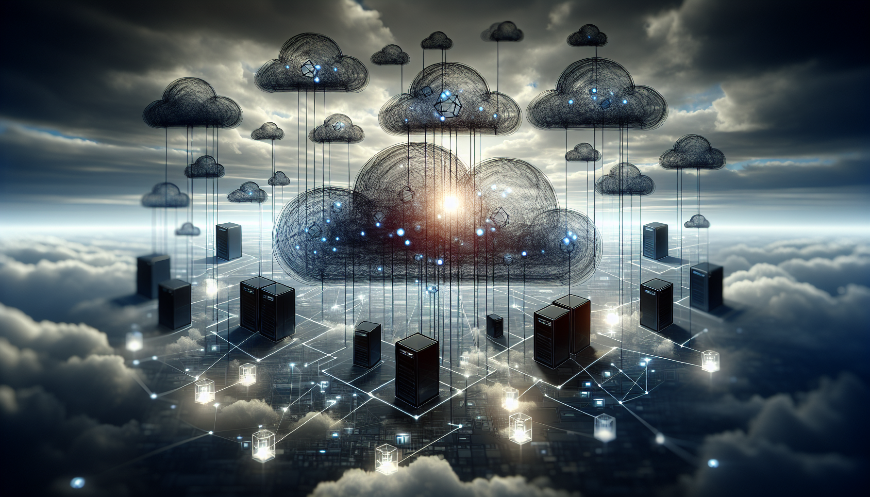 An abstract representation of cloud computing environments. Illustrate a network of interconnected nodes and servers against the backdrop of a cloudy sky. Each node represents a dark block, symbolic of the PHP language. Show the transfer of data between these nodes as glowing streams of light, symbolizing the exchange of information. Incorporate transparent geometric forms representing data processing and storage capabilities, floating in the cloudy atmosphere. Make sure no text, brand names, logos or human figures are present in the image.