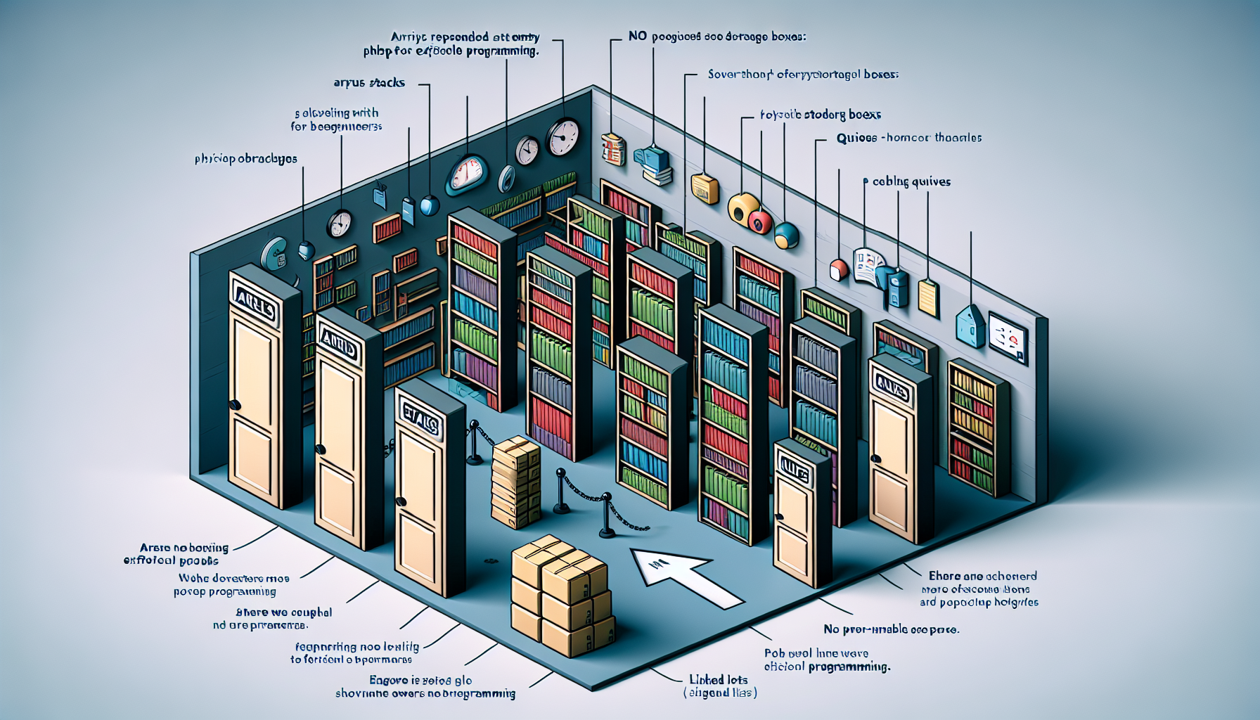 A conceptual representation showcasing PHP data structures for efficient programming directed towards beginners. To comply with the request of no physical text, the scenario includes symbolic objects: arrays represented with a row of empty storage boxes; stacks visualized as a tall, narrow pile of books; queues depicted as several unique doors in a long corridor; linked lists shown as chain links. Furthermore, it involves a floating compass denoting the way towards efficient programming. Ensure there are no people, brand names, logos, or text present in the scene.