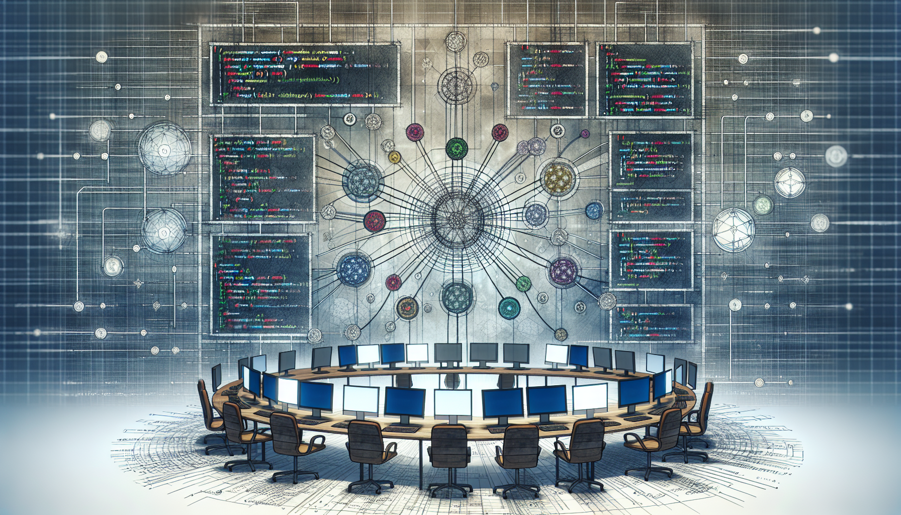An abstract representation of PHP coding conventions in team projects. Display a system of interconnected nodes, symbolizing the structure of PHP code, with different sizes and colors for different conventions. Depict a group of identical, unbranded workstations arranged in a semi-circle, representing a team project environment. On the screens, include diagrams that illustrate coding structure and flow but no text or brand logos. In the central area, represent the concept of collaboration with multiple lines emanating from one point and connecting to various workstations. Incorporate a subtle background pattern of repeated unbranded PHP symbols.